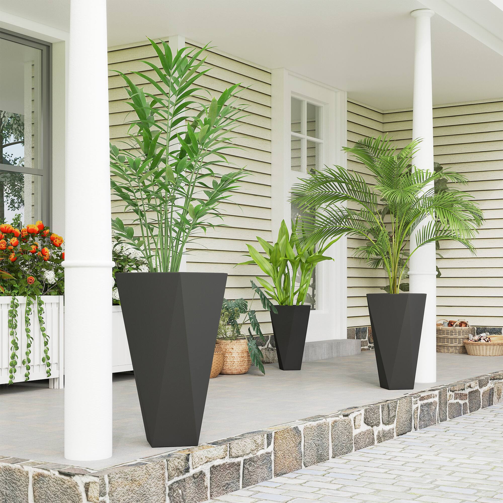 Alt View 1. Outsunny - Set of 3 Tall Planters, 28.75", 24.5", 20.5", MgO Indoor Outdoor Planters with Drainage Holes, Stackable Flower Pots - Black.