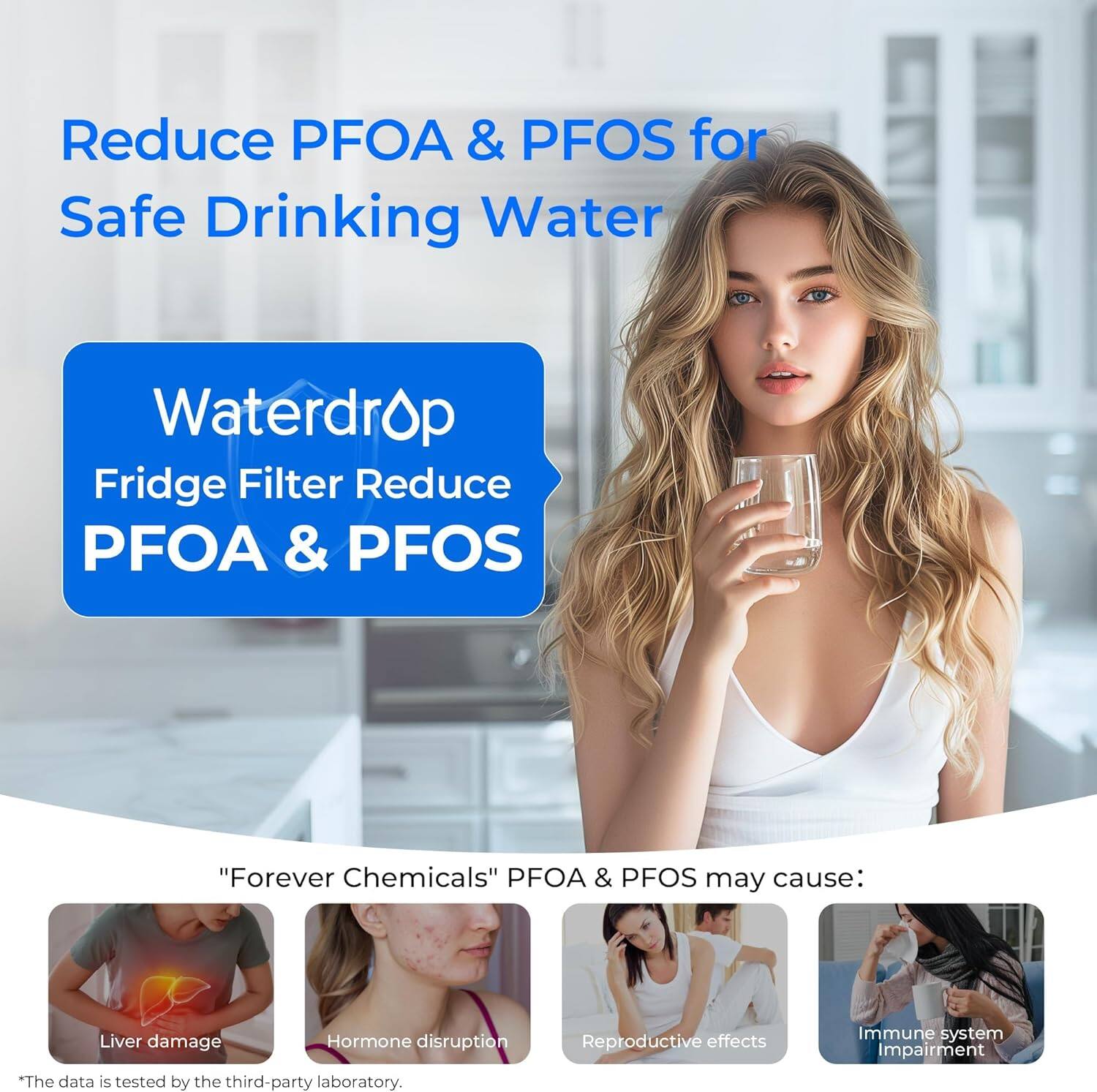 Reduce PFOA & PFOS for Safe Drinking Water

Waterdrop Fridge Filter Reduce PFOA & PFOS

PFOA & PFOS, known as "Forever Chemicals," may cause:

- Liver damage
- Hormone disruption
- Reproductive effects
- Immune system impairment

*The data is tested by the third-party laboratory.