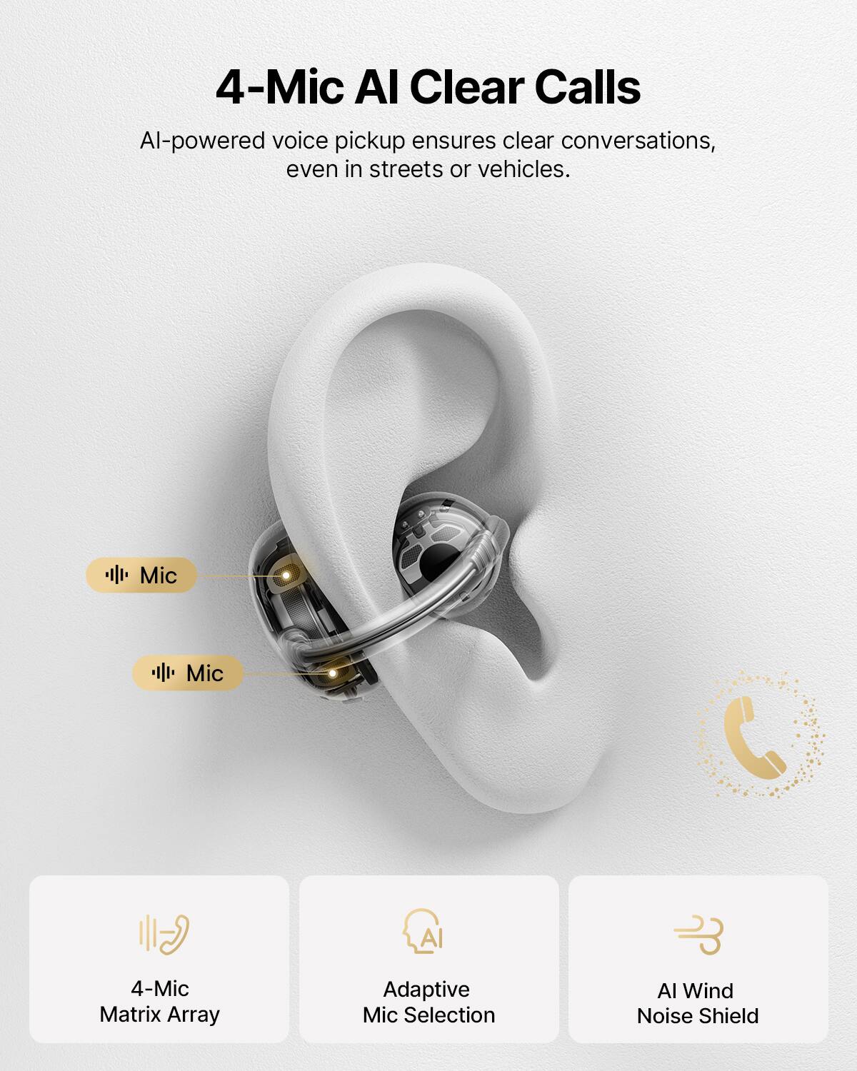 4-Mic AI Clear Calls

AI-powered voice pickup ensures clear conversations, even in streets or vehicles.

Mic Mic

4-Mic Matrix Array
Adaptive Mic Selection
AI Wind Noise Shield