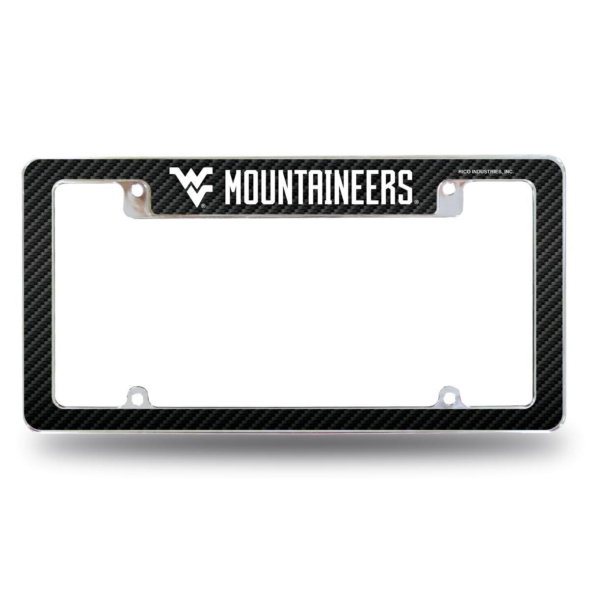 West Virginia Mountaineers Chrome Metal License Plate Frame with Carbon Fiber Design