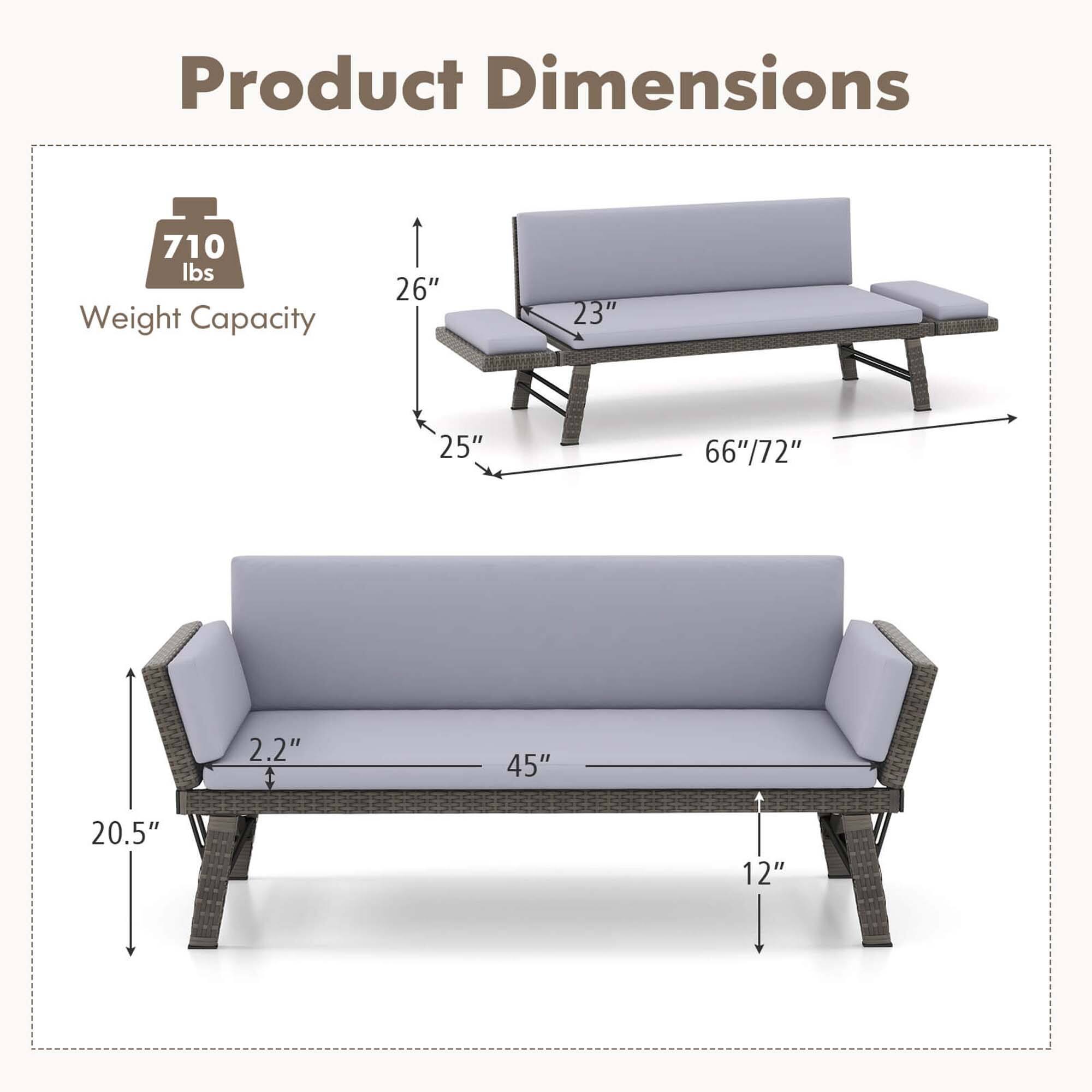 Product Dimensions: 26", 23", 25", 66"/72", 2.2", 45", 20.5", 12"

710 lbs Weight Capacity