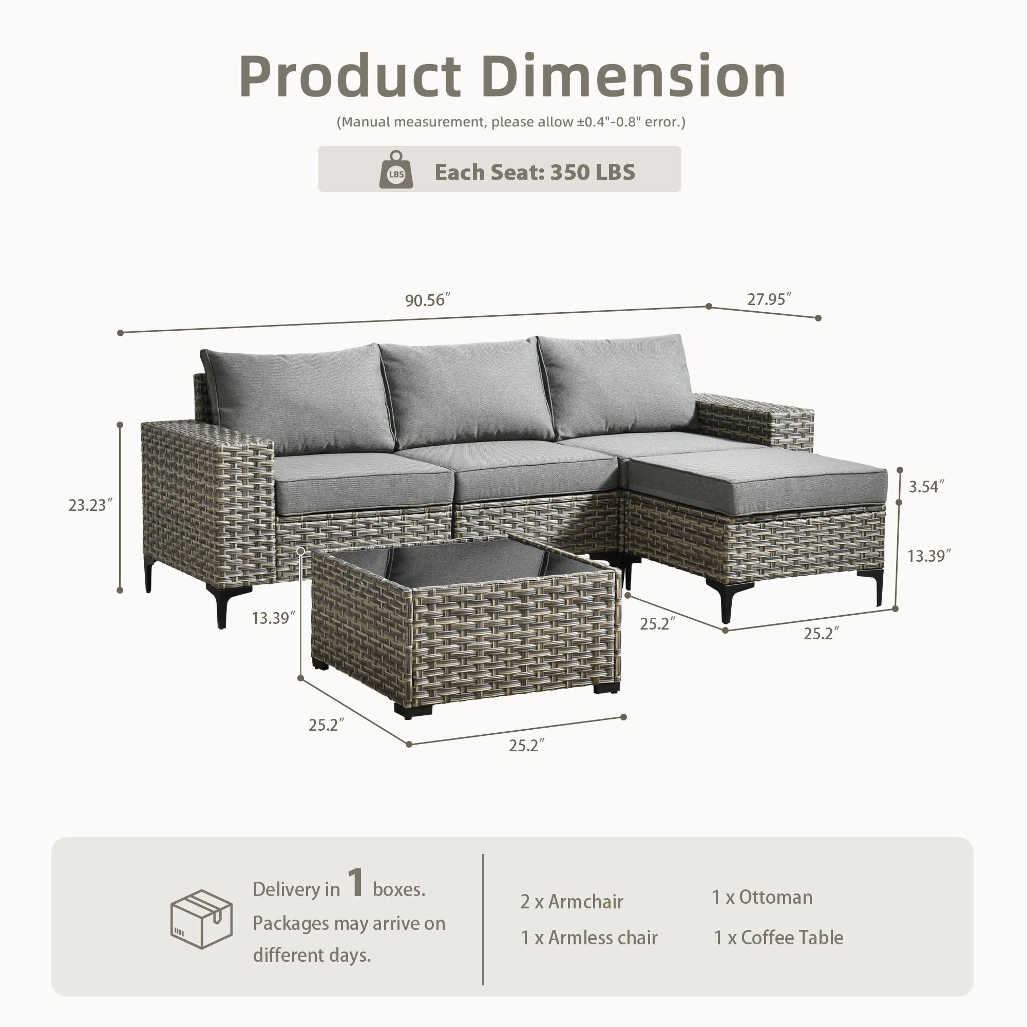 **Product Dimension**  
(Manual measurement, please allow 0.4"-0.8" error.)  

**Each Seat:** 350 LBS  

- Length: 90.56"  
- Depth: 27.95"  
- Height: 3.54"  
- Seat Height: 13.39"  
- Armrest Height: 13.39"  
- Seat Width: 25.2"  
- Seat Depth: 25.2"  
- Armrest Width: 25.2"  
- Armrest Depth: 25.2"  

**Delivery in 1 boxes.**  
Packages may arrive on different days.  

- 2 x Armchair  
- 1 x Armless chair  
- 1 x Ottoman  
- 1 x Coffee Table