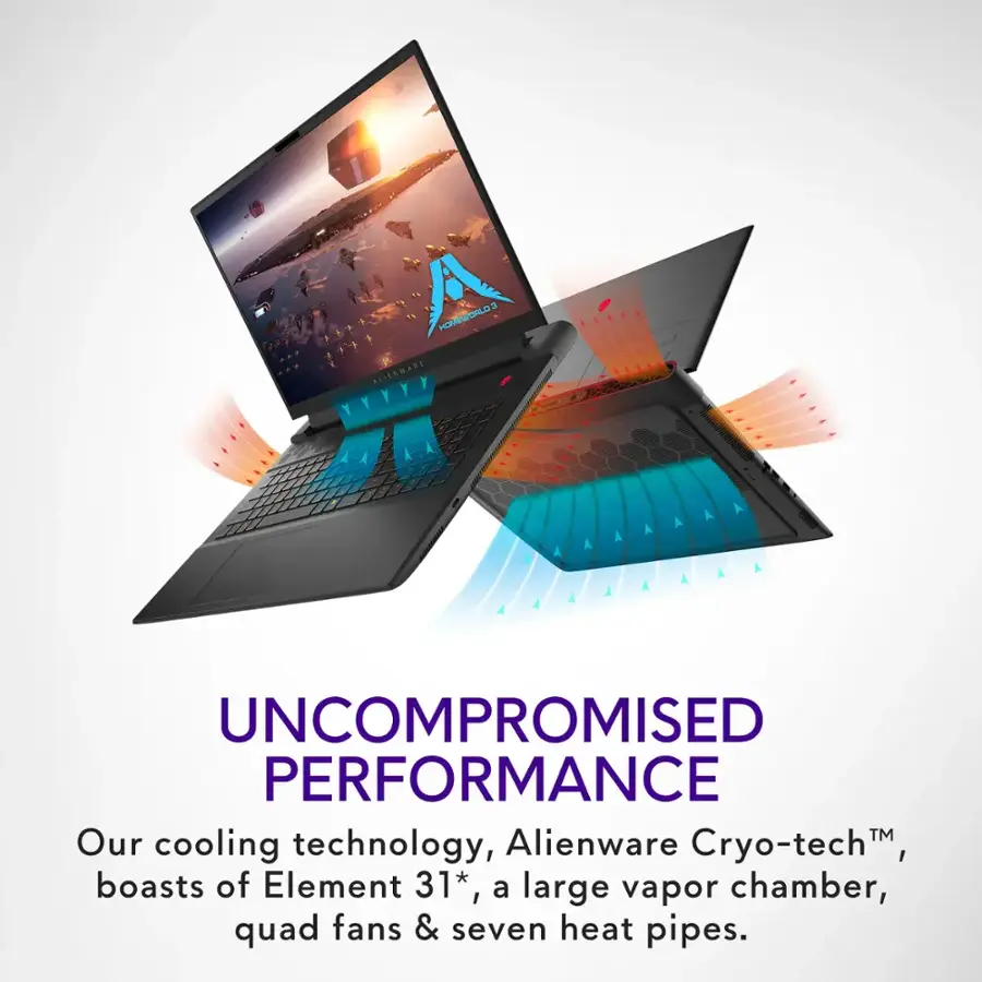Our cooling technology, Alienware Cryo-tech, boasts of Element 31, a large vapor chamber, quad fans, and seven heat pipes.