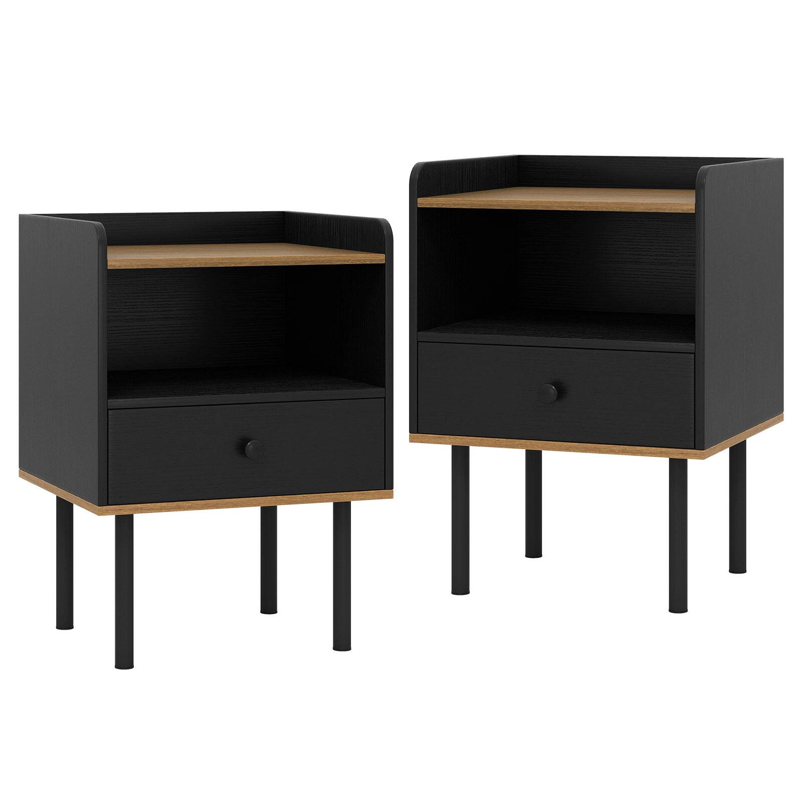 Alt View 9. Gymax - Gymax 2PCS 3-Tier Sofa Side Table w/ Open Storage Shelf Metal Legs for Living Room - Black & Natural.