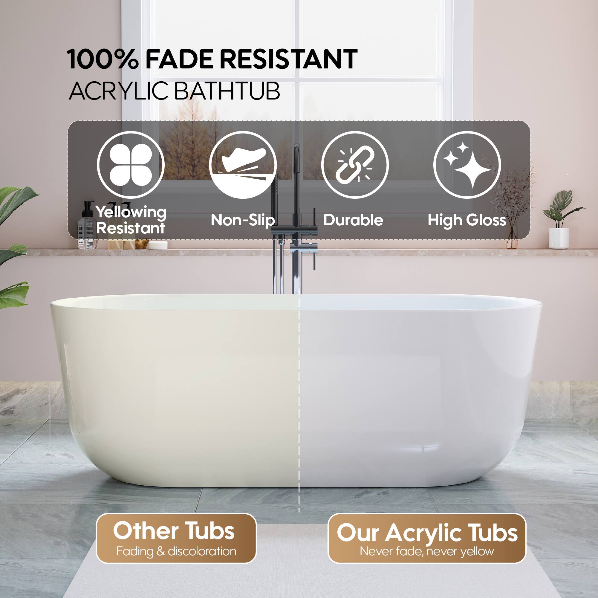 100% FADE RESISTANT ACRYLIC BATHTUB

Yellowing Resistant
Non-Slip
Durable
High Gloss

Other Tubs
Fading & discoloration

Our Acrylic Tubs
Never fade, never yellow