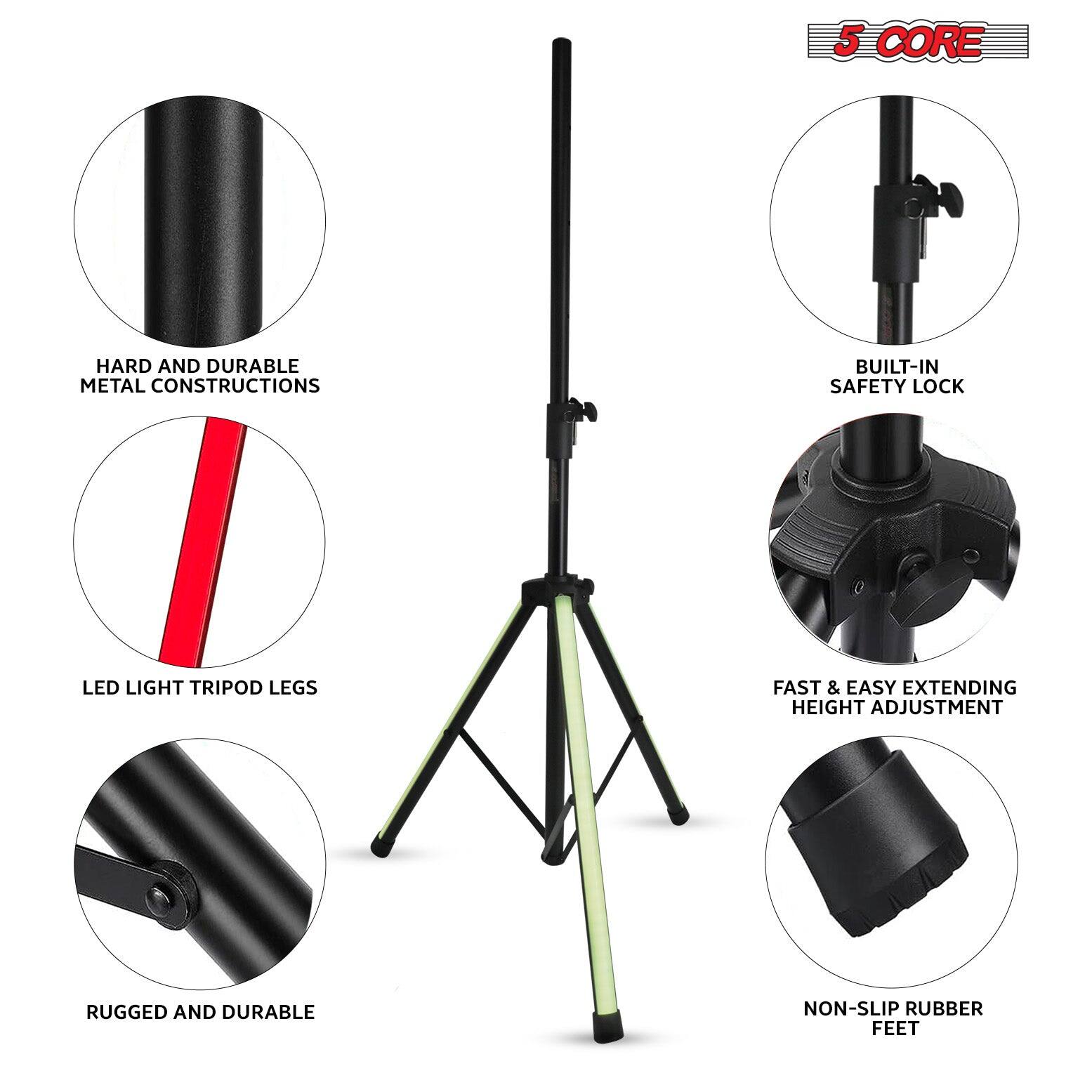 Here is the corrected and grouped text:

- **5 Core Hard and Durable Metal Constructions**
- **Built-in Safety Lock**
- **LED Light Tripod Legs**
- **Fast & Easy Extending Height Adjustment**
- **Rugged and Durable Non-Slip Rubber Feet**