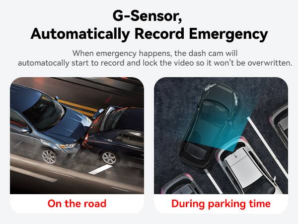 G-Sensor, Automatically Record Emergency

When emergency happens, the dash cam will automatically start to record and lock the video so it won't be overwritten.

On the road  
During parking time