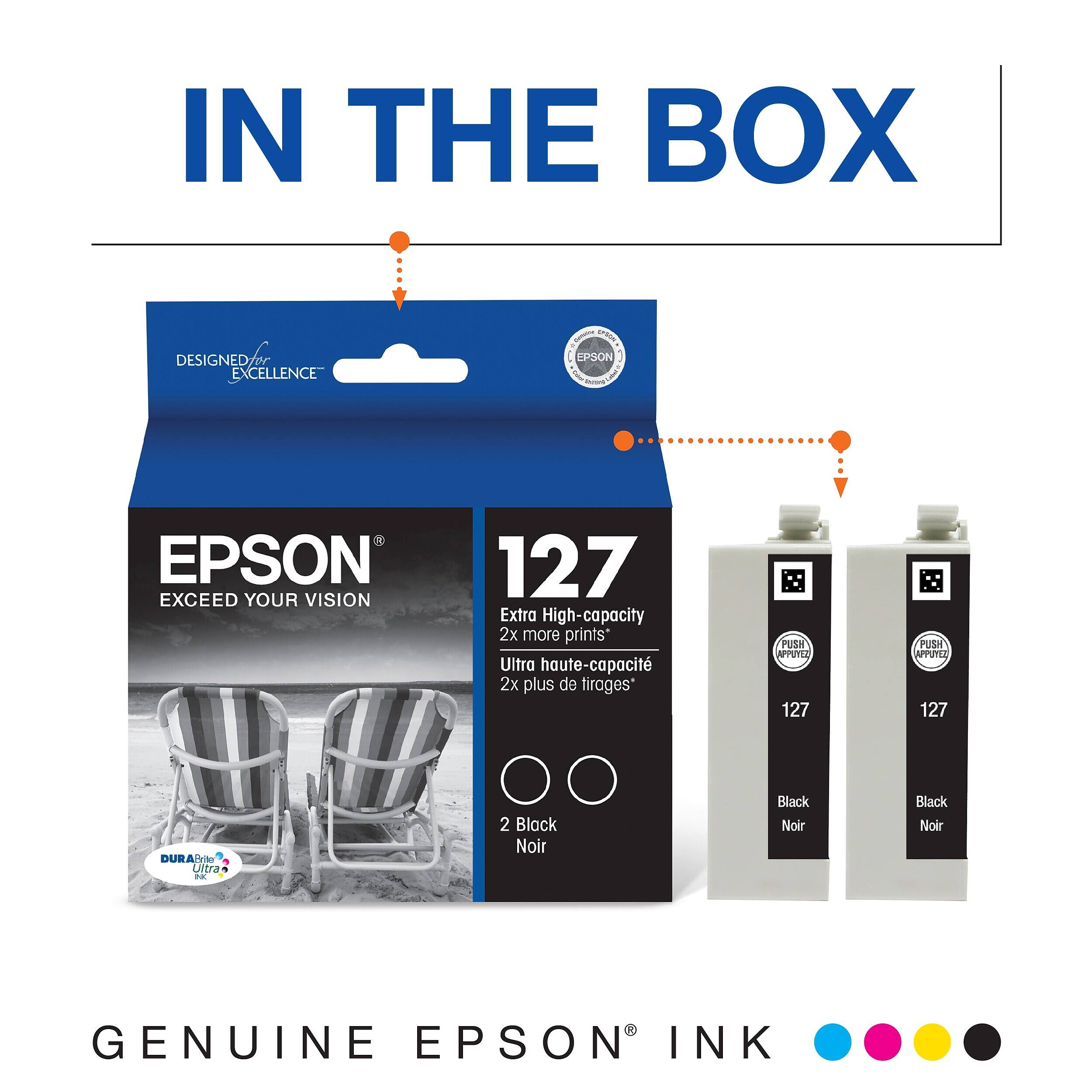 IN THE BOX

DESIGNED FOR EXCELLENCE

EPSON
EXCEED YOUR VISION

127
Extra High-capacity
2x more prints*
Ultra haute-capacité
2x plus de tirages*

2 Black Noir

GENUINE EPSON INK