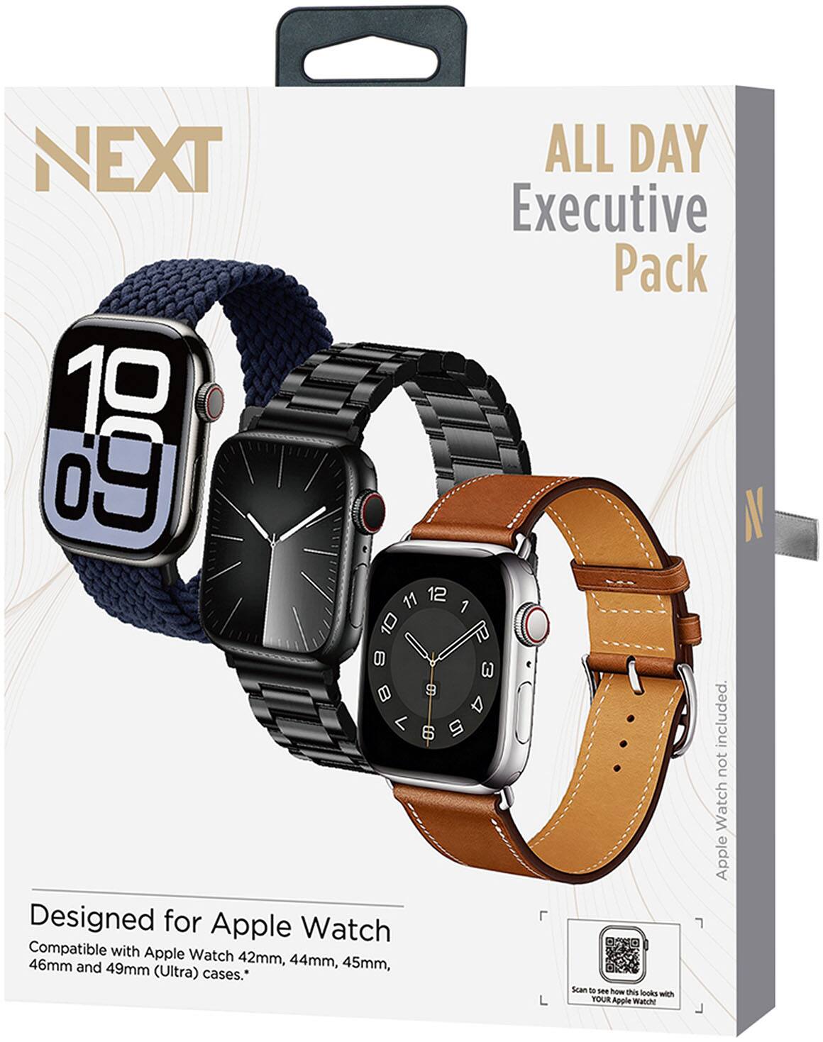 NEXT 19

ALL DAY Executive Pack

Designed for Apple Watch
Compatible with Apple Watch 42mm, 44mm, 45mm, and 49mm (Ultra) cases.*

Scan to see how this looks with YOUR Apple Watch

Apple Watch not included.