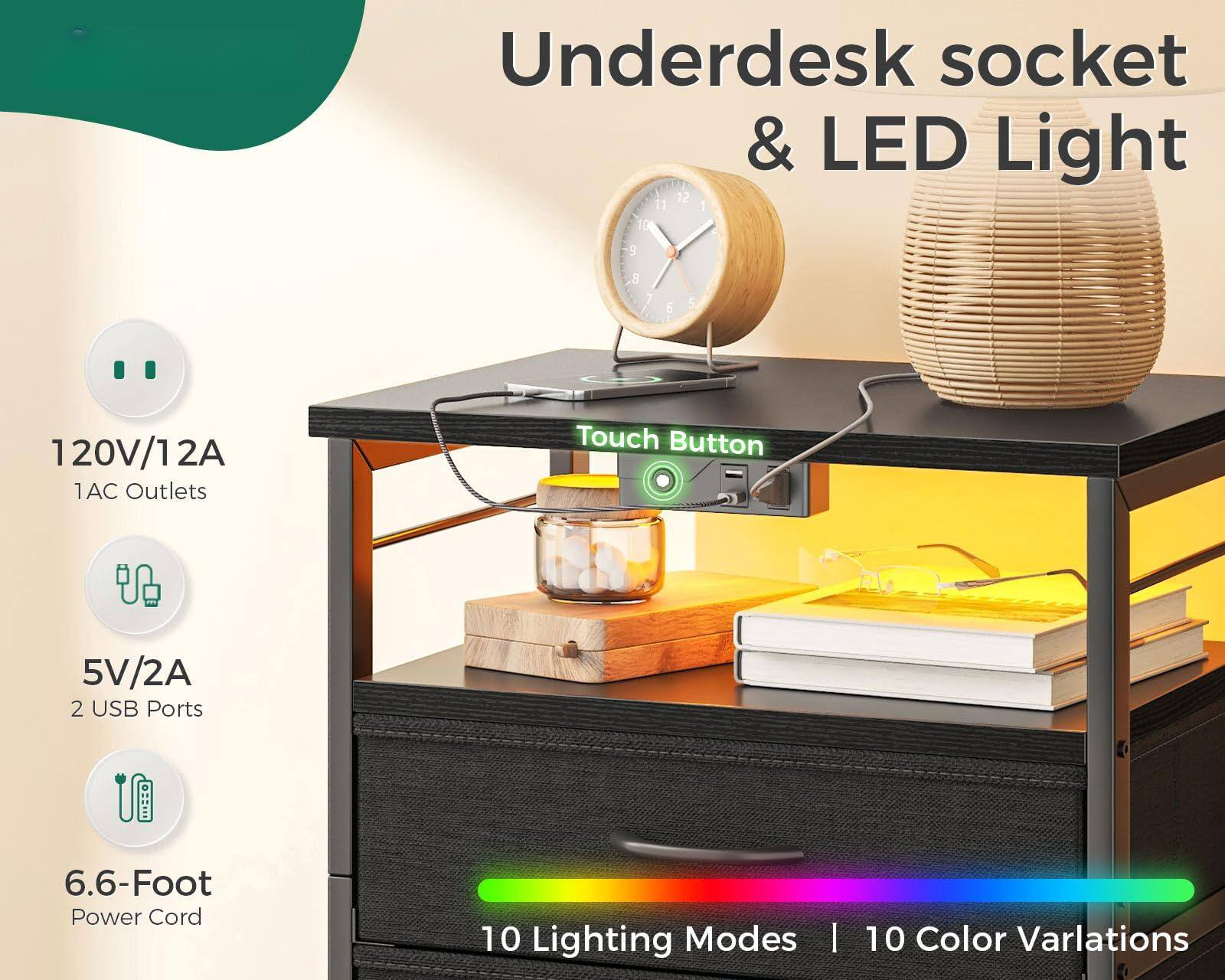 Underdesk socket & LED Light

- 120V/12A
- 1AC Outlets
- 5V/2A
- 2 USB Ports
- 6.6-Foot Power Cord
- 10 Lighting Modes
- 10 Color Variations
- Touch Button