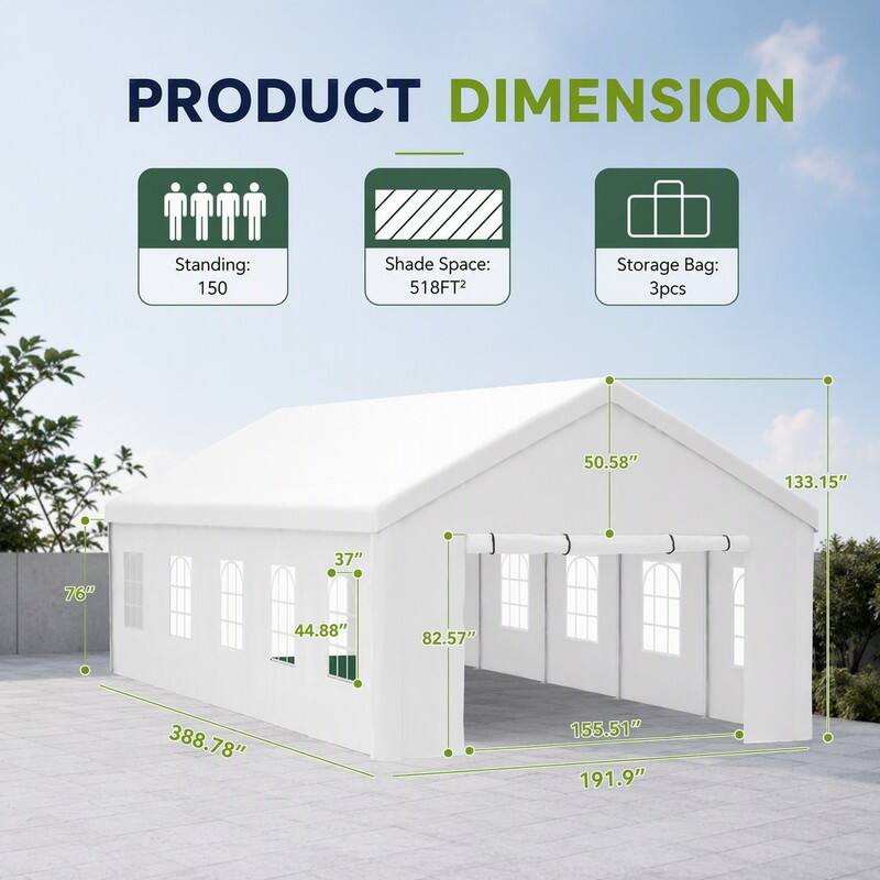PRODUCT DIMENSION

Standing: 150
Shade Space: 518FT2
Storage Bag: 3pcs

50.58"
133.15"
37"
76"
44.88"
82.57"
388.78"
155.51" 191.9"