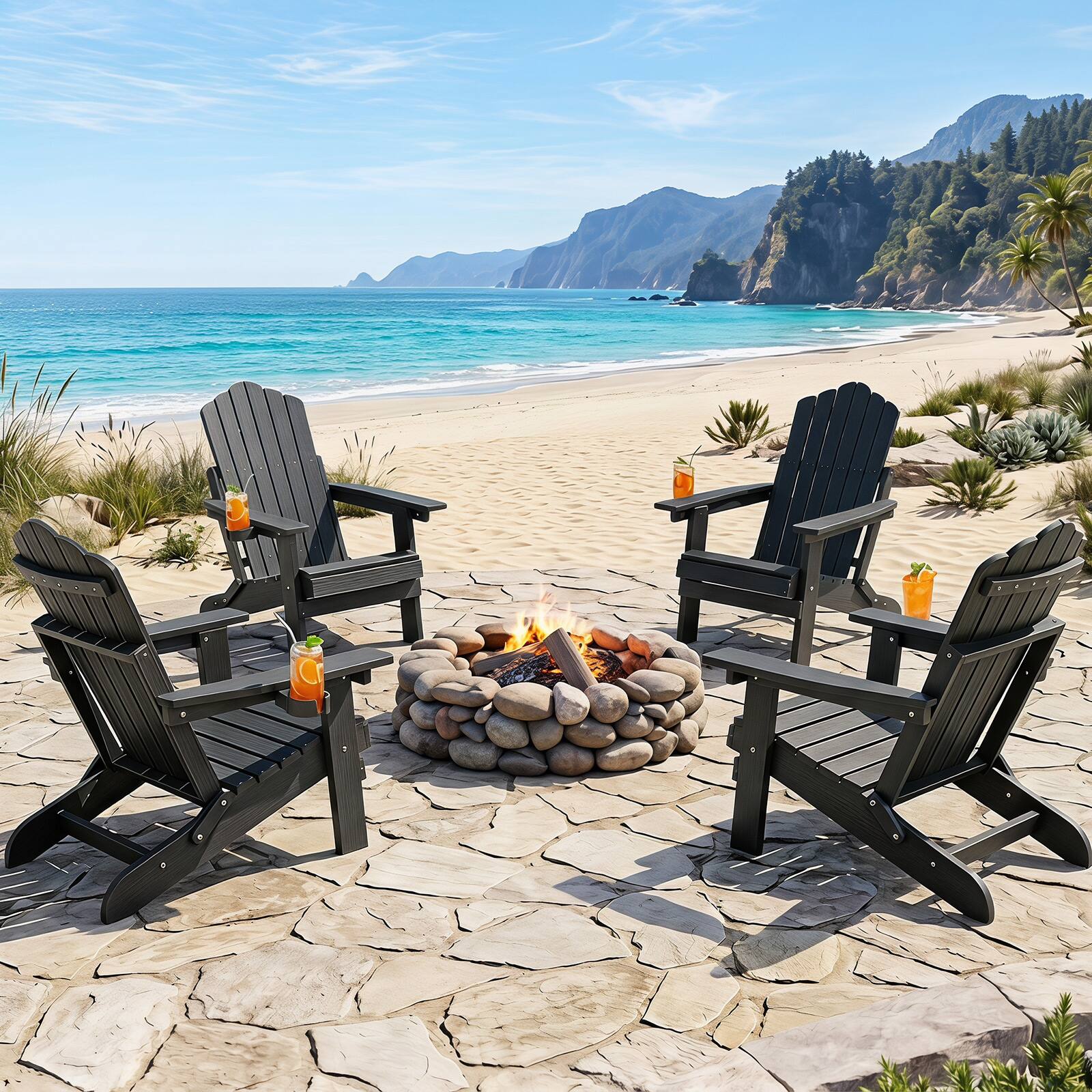 Alt View 1. Gymax - Gymax 4PCS Folding Adirondack Chair w/ 5-Level Backrest Wooden Textured for Lawn Black - Black.