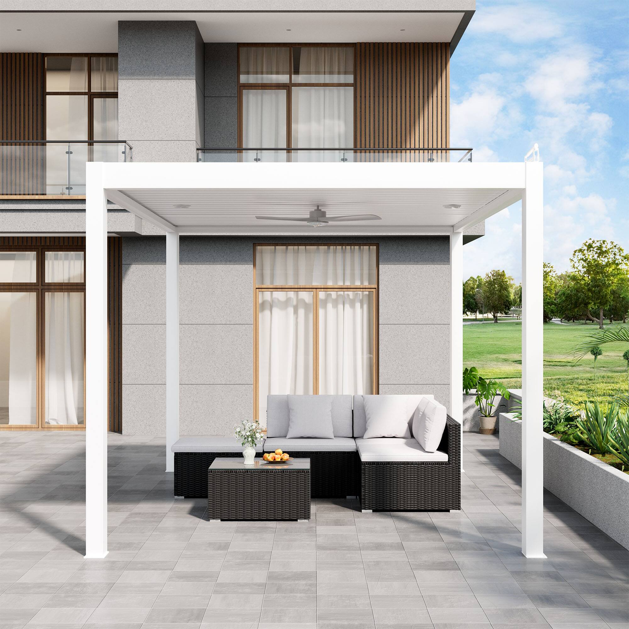 Angle. Mondawe - 10ft x 14ft Solar-Powered Aluminum Pergola with Adjustable Louvers and Hidden Drainage System - White.