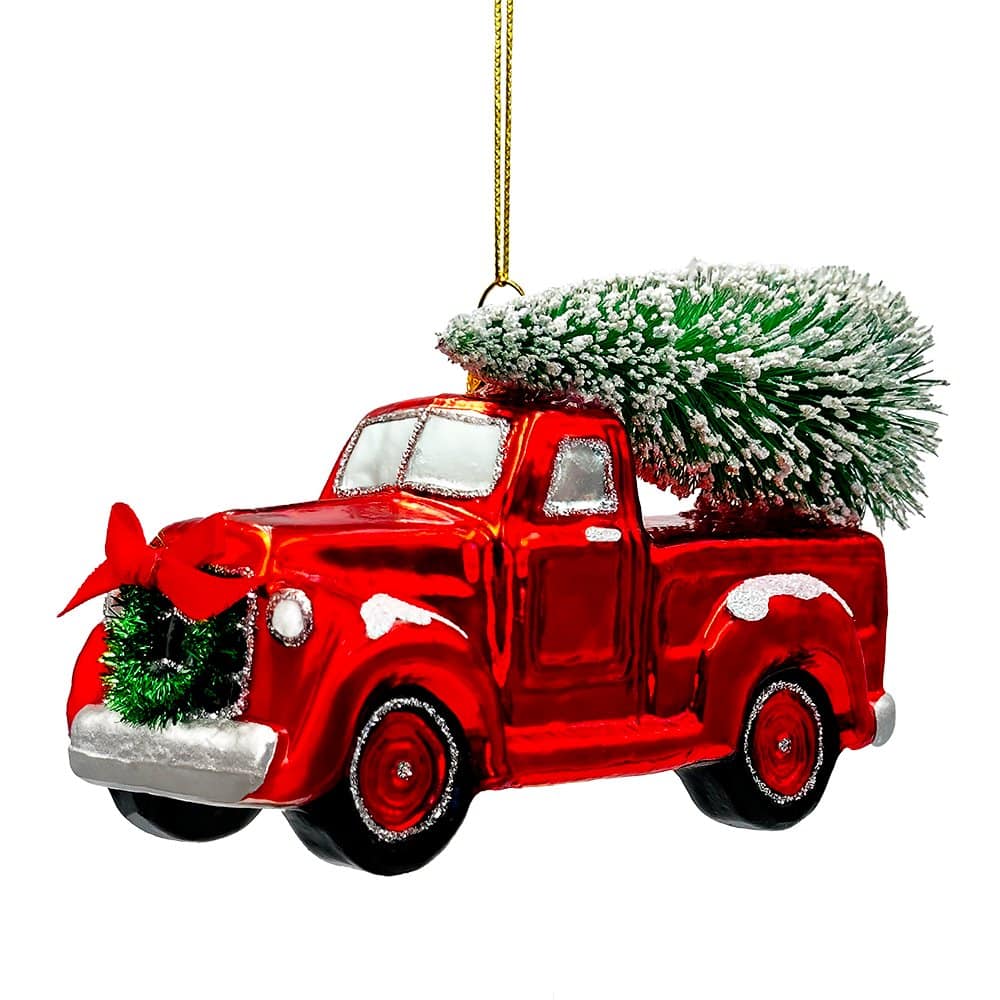 OrnamentallyYou - Traditional Red Truck with Ornamental Tree Glass Christmas Ornament - Multi-colored