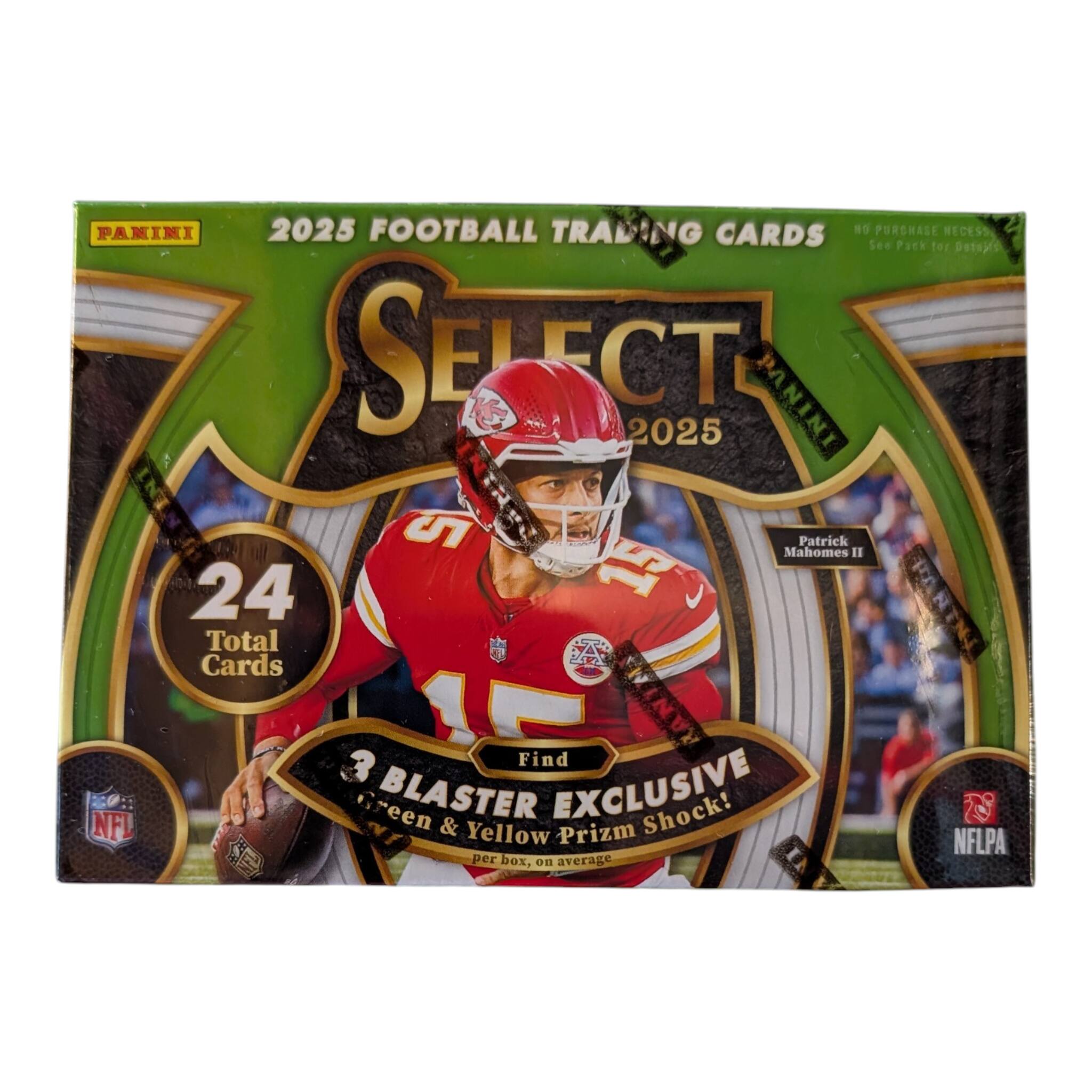 PANINI 2025 FOOTBALL TRADING CARDS 10 PURCHASE NECESS See Pack og Pstujfs SELECT 2025 PANINI 5 Mahomes Patrick II 24 15 Total Cards NX 16 RANIA 3 Find NFL Green BLASTER & EXCLUSIVE Prizm Shock! Yellow NFLPA NFL per box, on average