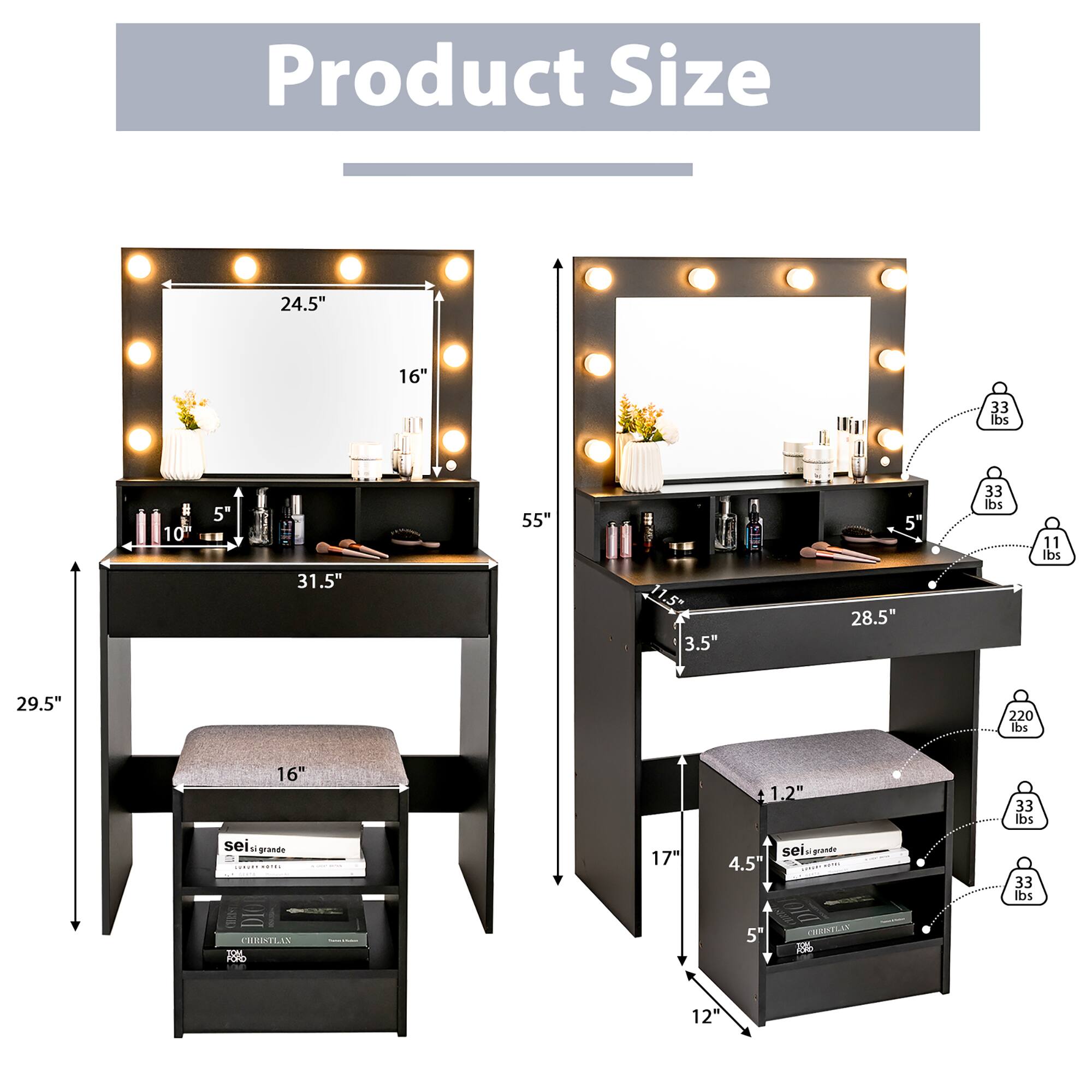 Product Size

- 24.5" (width)
- 16" (height)
- 31.5" (depth)
- 29.5" (overall height)
- 55" (overall width)
- 11.5" (shelf depth)
- 3.5" (shelf height)
- 12" (seat height)
- 16" (seat width)
- 1.2" (seat thickness)
- 33 lbs (weight)
- 11 lbs (weight)
- 220 lbs (weight capacity)
- 17" (side shelf width)
- 4.5" (side shelf depth)
- 5" (side shelf height)
- 12" (side shelf height)