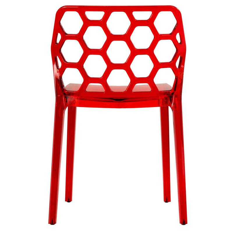 Alt View 1. LeisureMod - Dynamic 4-Pieces Clear Acrylic Dining Chair with Honeycomb Pattern, Stackable & Fully Assembled - Transparent Red.