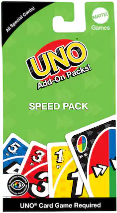 UNO® Add-On Packs!
SPEED PACK
All Special Cards!
Colorblind Accessible
Ceelegnet für Farbenblinde
UNO® Card Game Required
MATTEL Games