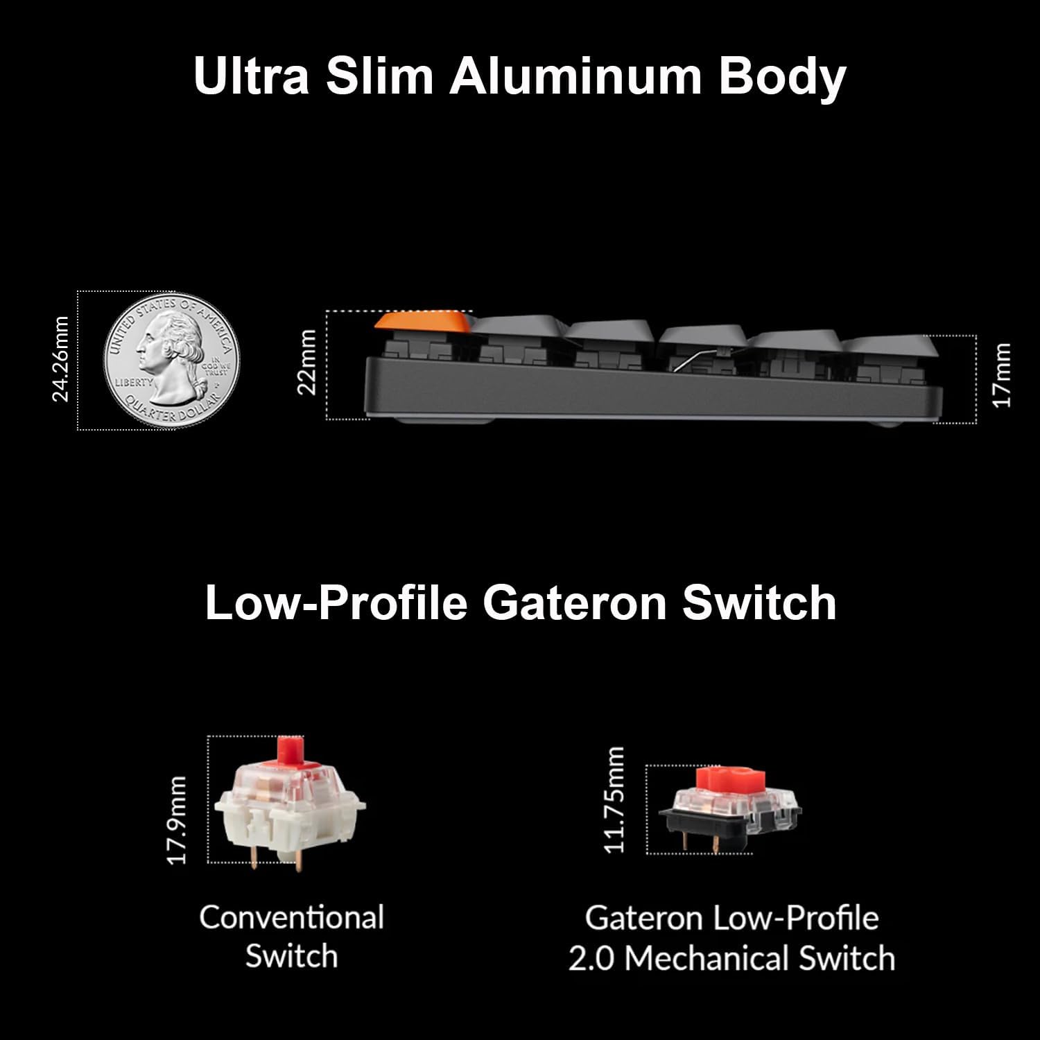 Ultra Slim Aluminum Body: 24.26mm
Low-Profile Gateron Switch: 17.9mm
Conventional Switch: 11.75mm
Gateron Low-Profile 2.0 Mechanical Switch: 17mm