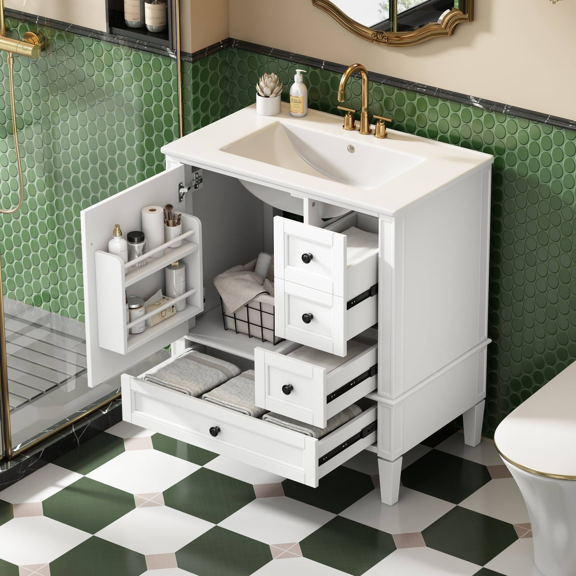 Alt View 2. Boyel Living - 30 Inch Solid Wood Bathroom Vanity with Ceramic Sink Three Drawers White - White.