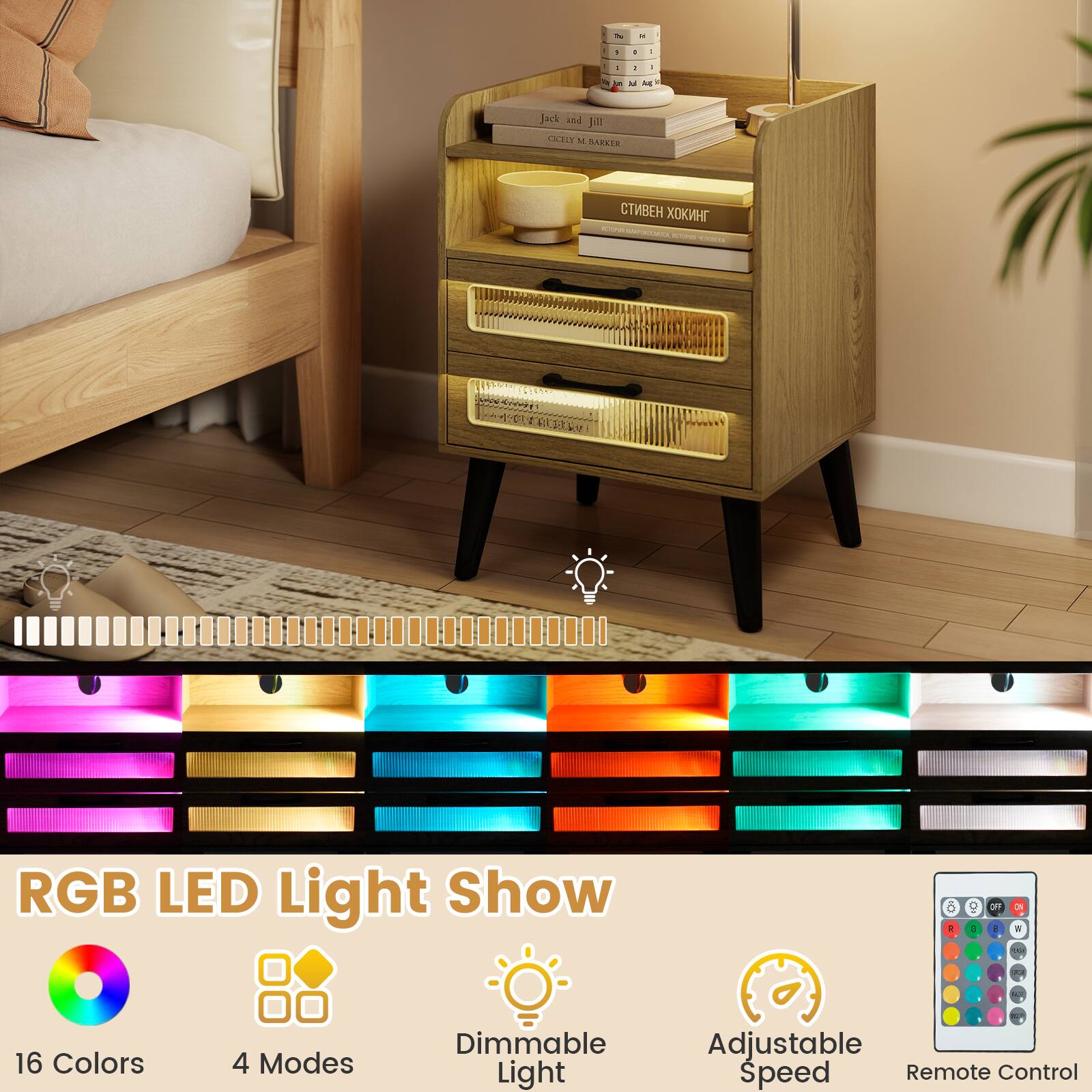 - - - - - - - - M - Jack and Jill SARIT M MInIR   - - -. adn C   RGB LED Light Show  d 2 4 OFF O .  - . . - 16 Colors 4 Modes Dimmable Light Adjustable Speed Remote Control