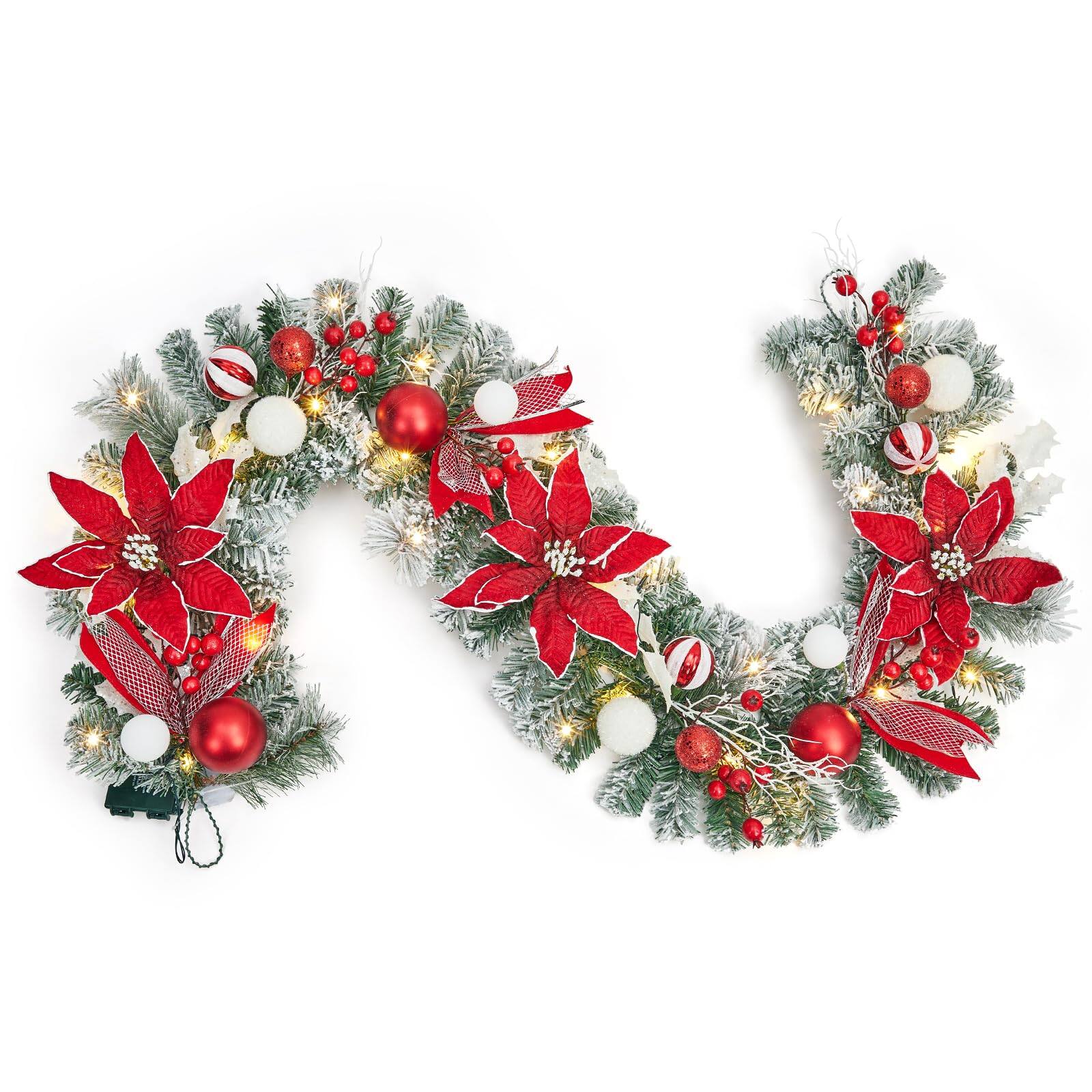 Acekool - 6FT Pre-Lit Christmas Garland with 20 Lights Flowers Ball Ornaments Berries for Fireplace Mantle Indoor Outdoor Decor - Red