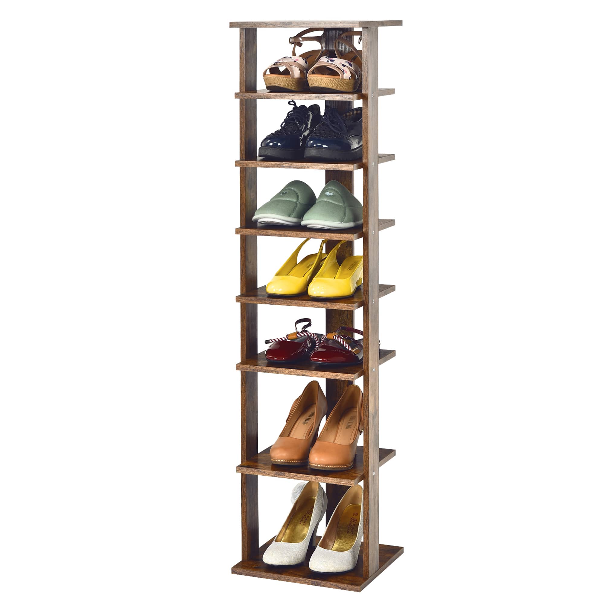 Gymax - 7-Tier Vertical Shoe Rack Free Standing Storage Shelf Organizer Space Saving - Rustic Brown