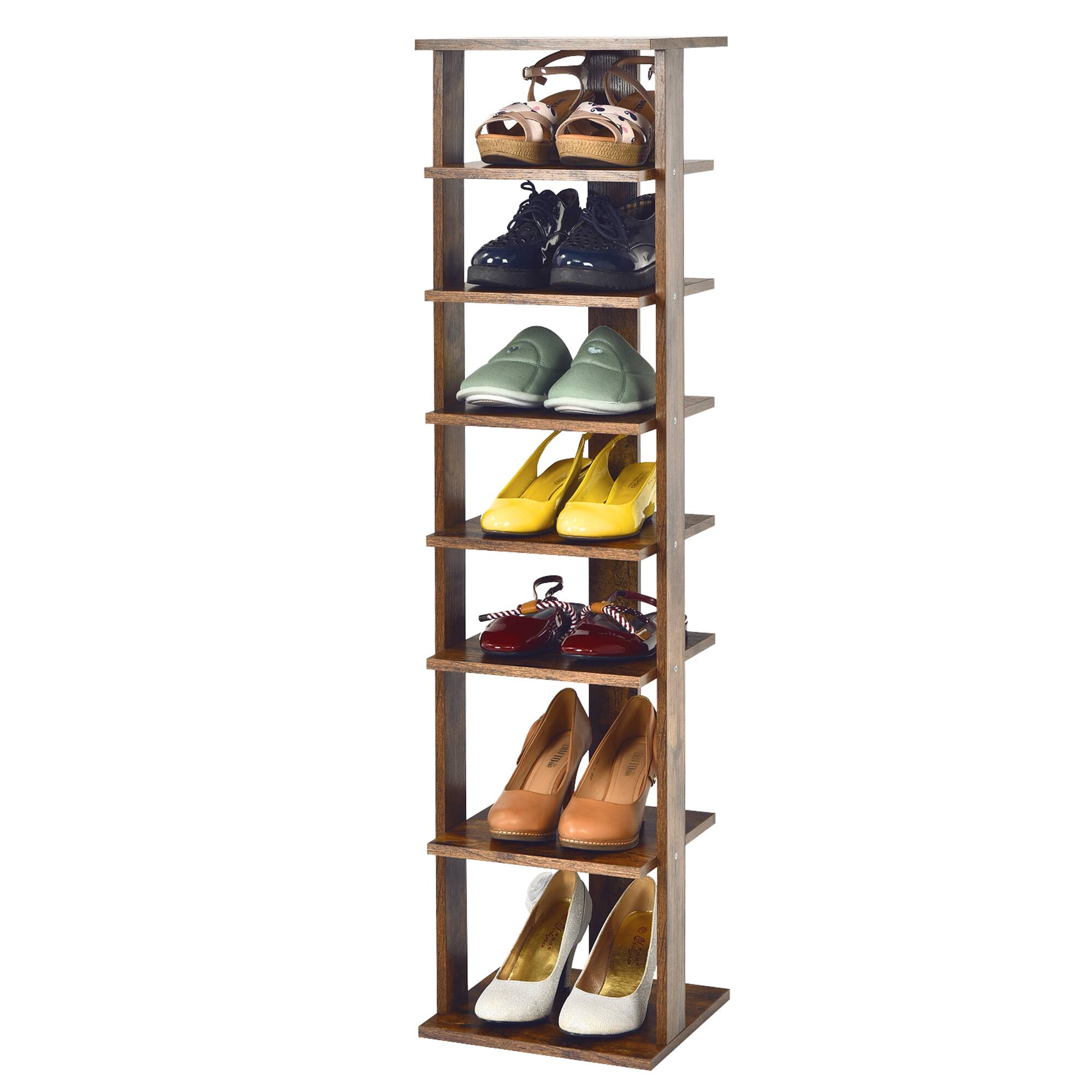 Front. Gymax - Gymax 7-Tier Vertical Shoe Rack Free Standing Storage Shelf Organizer Space Saving - Rustic Brown.