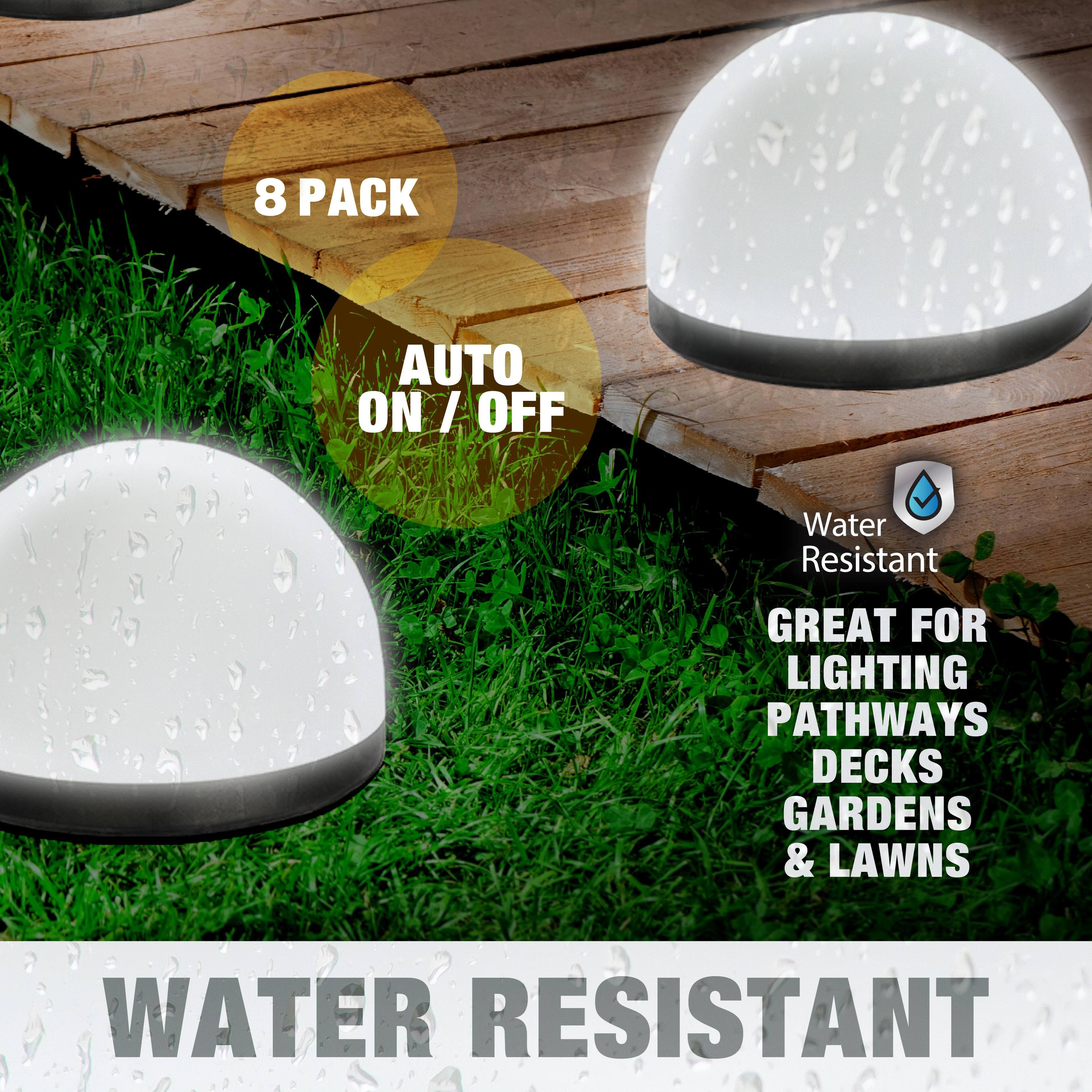 8 PACK  
AUTO ON / OFF  
Water Resistant  
GREAT FOR LIGHTING PATHWAYS DECKS GARDENS & LAWNS  
WATER RESISTANT