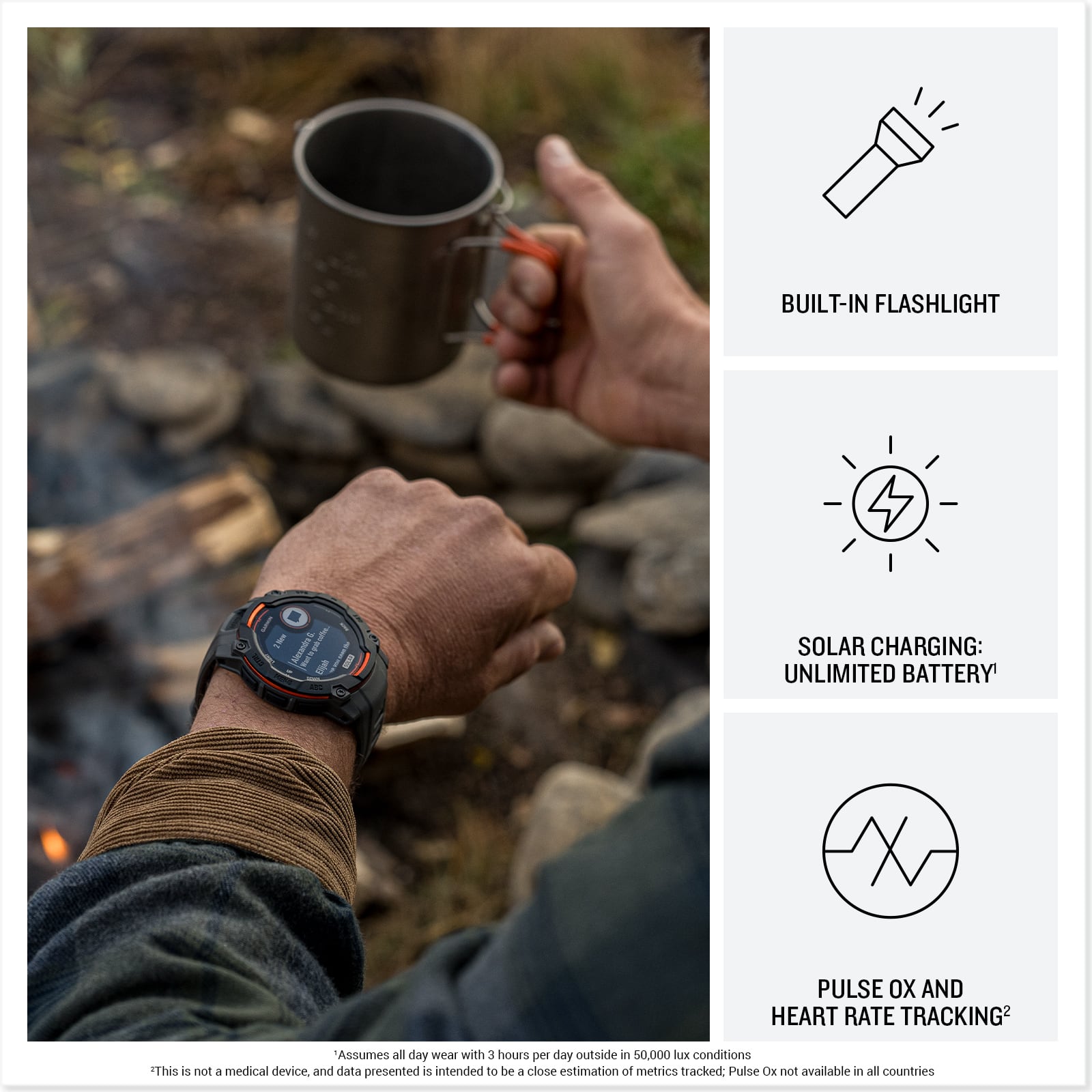 The text on the image is grouped and corrected as follows:
1. BUILT-IN FLASHLIGHT: 4 A - 1 I 1 I B
2. SOLAR CHARGING: UNLIMITED BATTERY
3. PULSE OX AND HEART RATE TRACKING
Note: This is not a medical device. and data presented is intended to be a close estimation of metrics tracked, Pulse O not available in all countries.