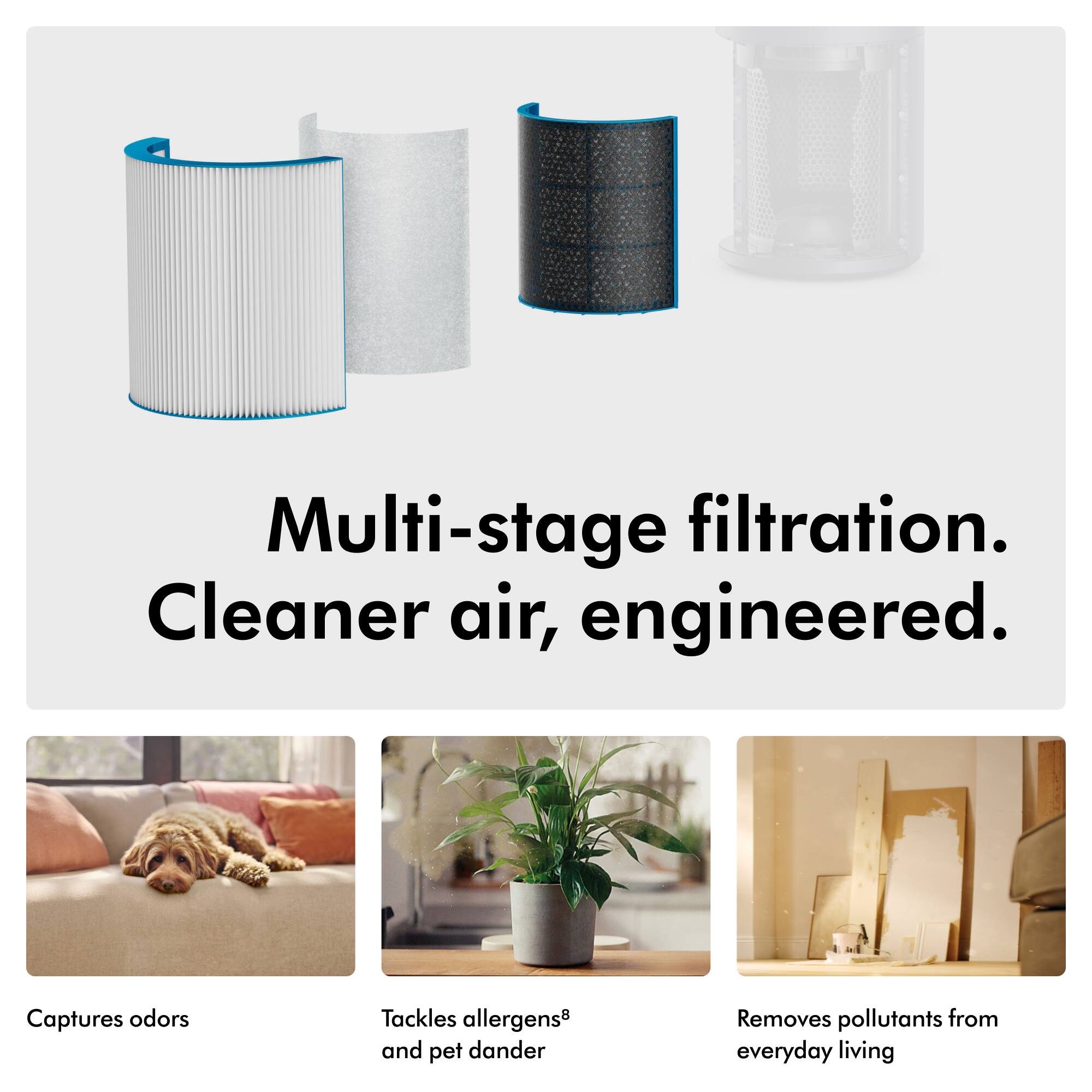 Multi-stage filtration. Cleaner air, engineered.

Captures odors

Tackles allergens* and pet dander

Removes pollutants from everyday living