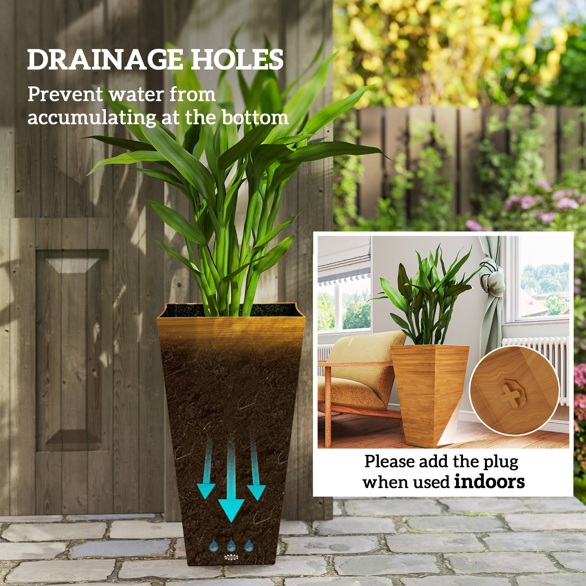 DRAINAGE HOLES  
Prevent water from accumulating at the bottom  

Please add the plug when used indoors