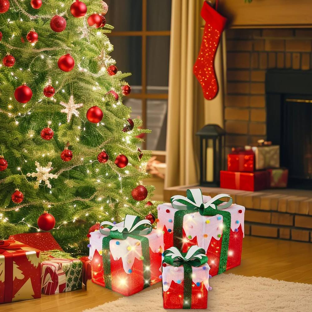 Alt View 2. RTMB - Set of 3 LED Lighted Gift Boxes w/ Green Bows & Colorful Accents - multicolor.