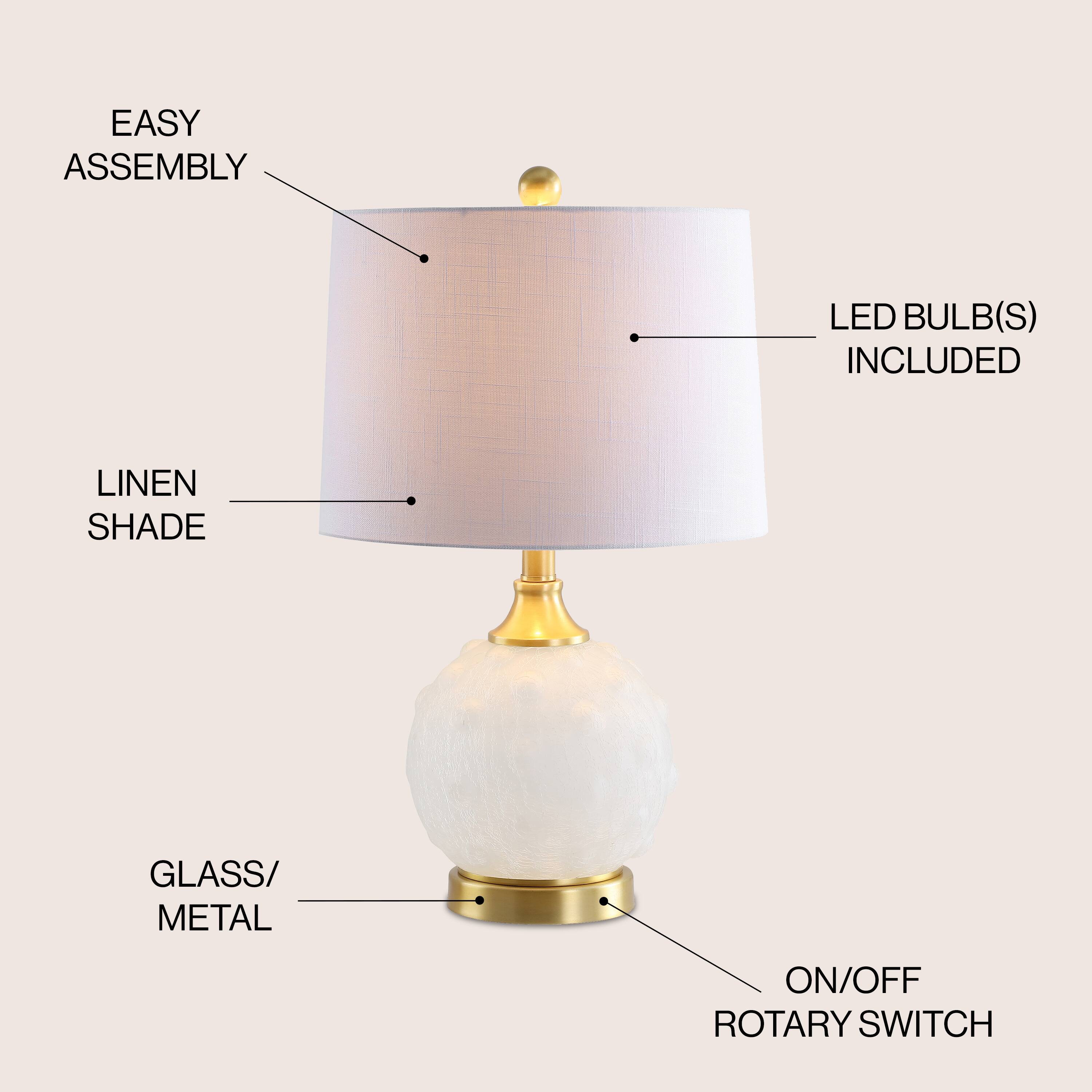EASY ASSEMBLY  
LED BULB(S) INCLUDED  
LINEN SHADE  
GLASS/METAL  
ON/OFF ROTARY SWITCH