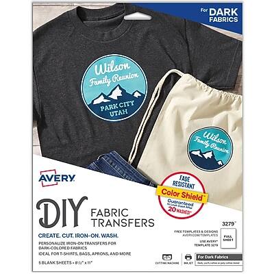 For DARK FABRICS
Wilson Family Reunion
PARK CITY, UTAH
AVERY
DIY FABRIC TRANSFERS
CREATE, CUT, IRON-ON, WASH.
FADE RESISTANT
Color Shield Guaranteed
20 MASTER SHEETS
3279 FREE TEMPLATES & DESIGNS
PERSONALIZE IRON-ON TRANSFERS FOR TEMPLATE 3279
DARK-COLORED FABRICS
IDEAL FOR T-SHIRTS, BAGS, APRONS AND MORE
5 BLANK SHEETS 8½" x 11"
For Dark Fabrics