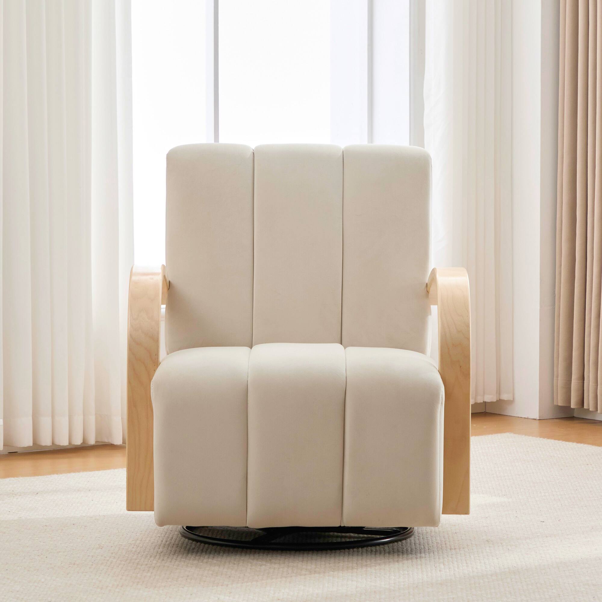 Angle. APRILSOUL - 30W Modern Upholstered 360 Swivel Accent Chair Solid Wood Armrests Channel Tufted Hotel Living Room Beige - Beige.