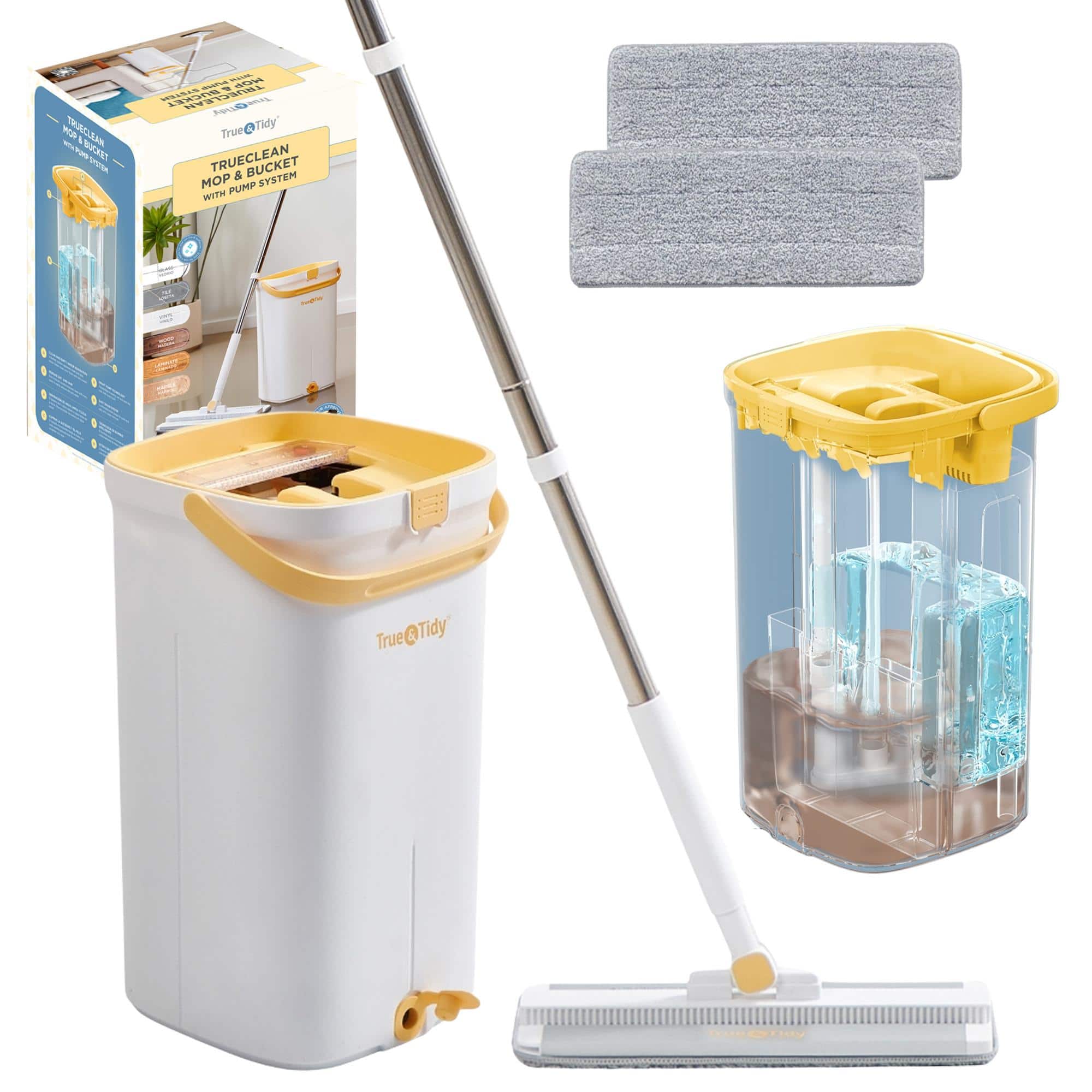 True & Tidy - TrueClean Mop & Bucket Clean Water System With 2 Mop Pads - Yellow