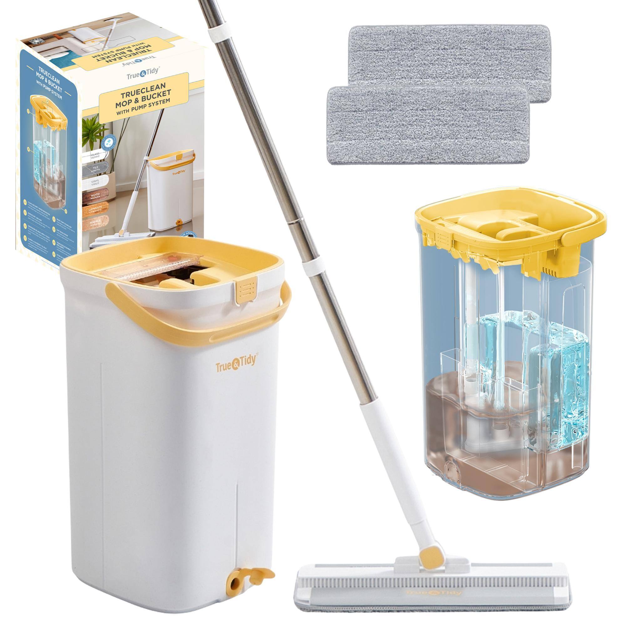True & Tidy - TrueClean Mop & Bucket Clean Water System With 2 Mop Pads - Yellow
