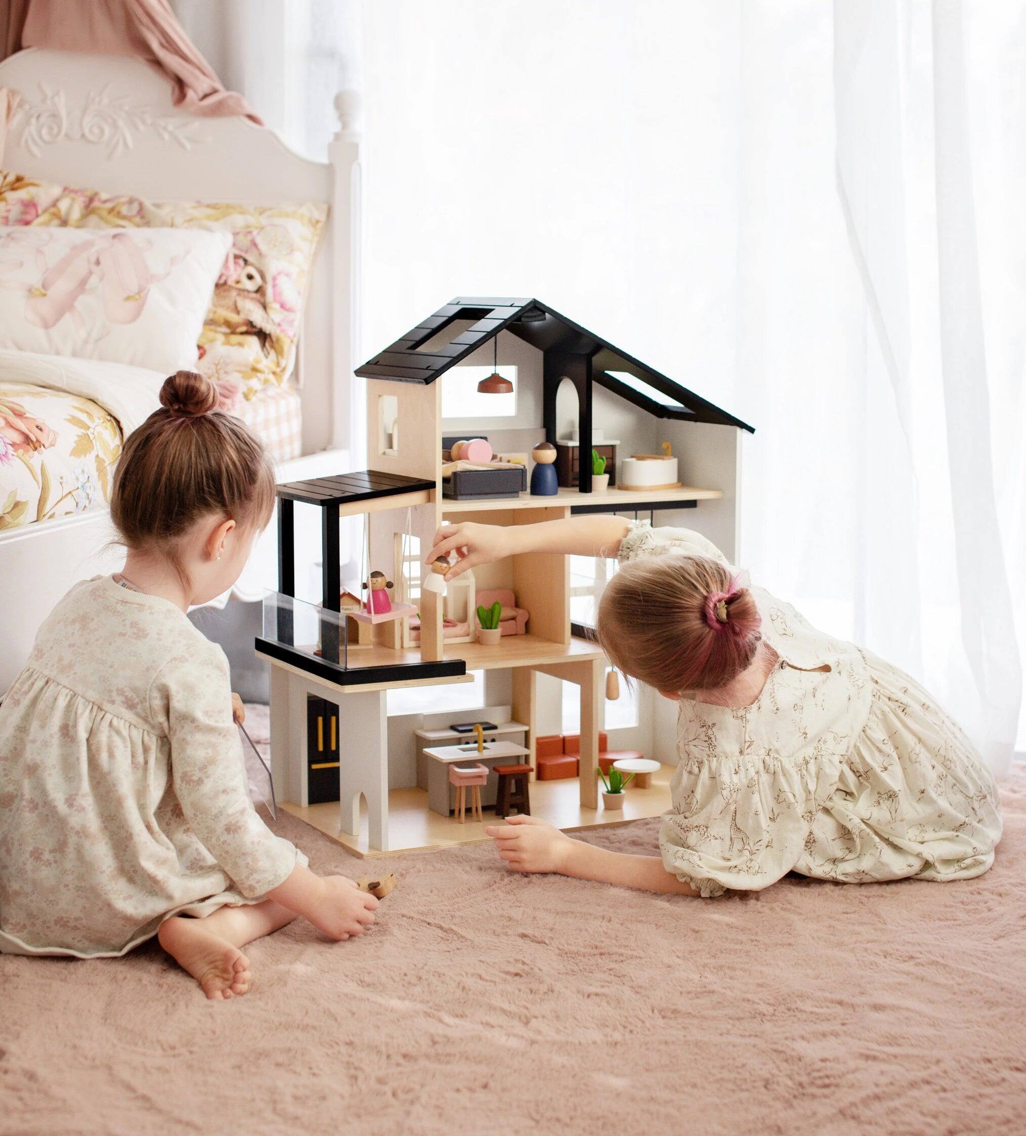 Angle. Tiny Land - Kids Dollhouse with 6 Play Areas, Modern Woodend Pretend Play House, Dollhouse Furniture & Imaginative Play Toy - Black.