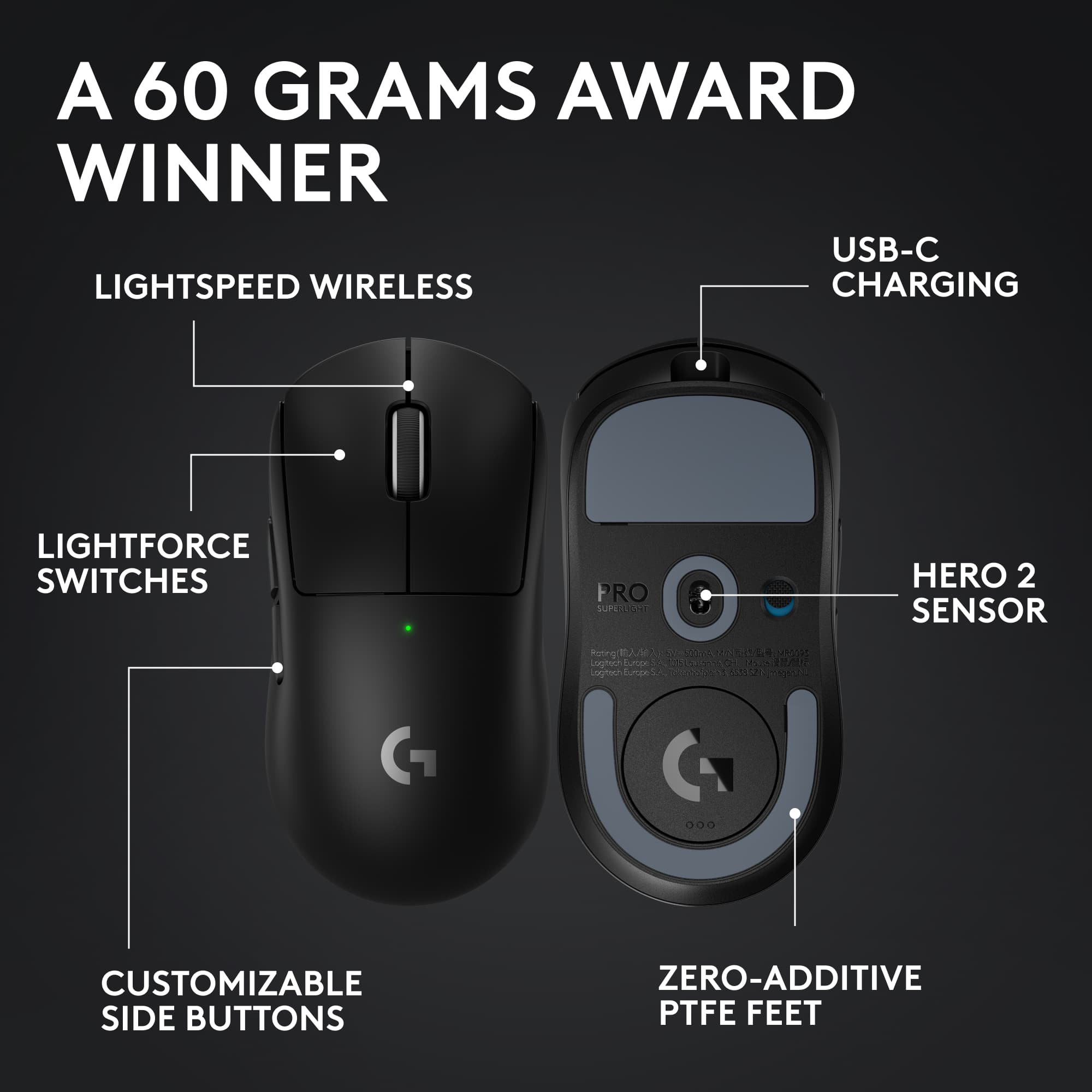 A 60 GRAMS AWARD WINNER
USB-C CHARGING
LIGHTSPEED WIRELESS
LIGHTFORCE SWITCHES
HERO 2 SENSOR
CUSTOMIZABLE SIDE BUTTONS
ZERO-ADDITIVE PTFE FEET