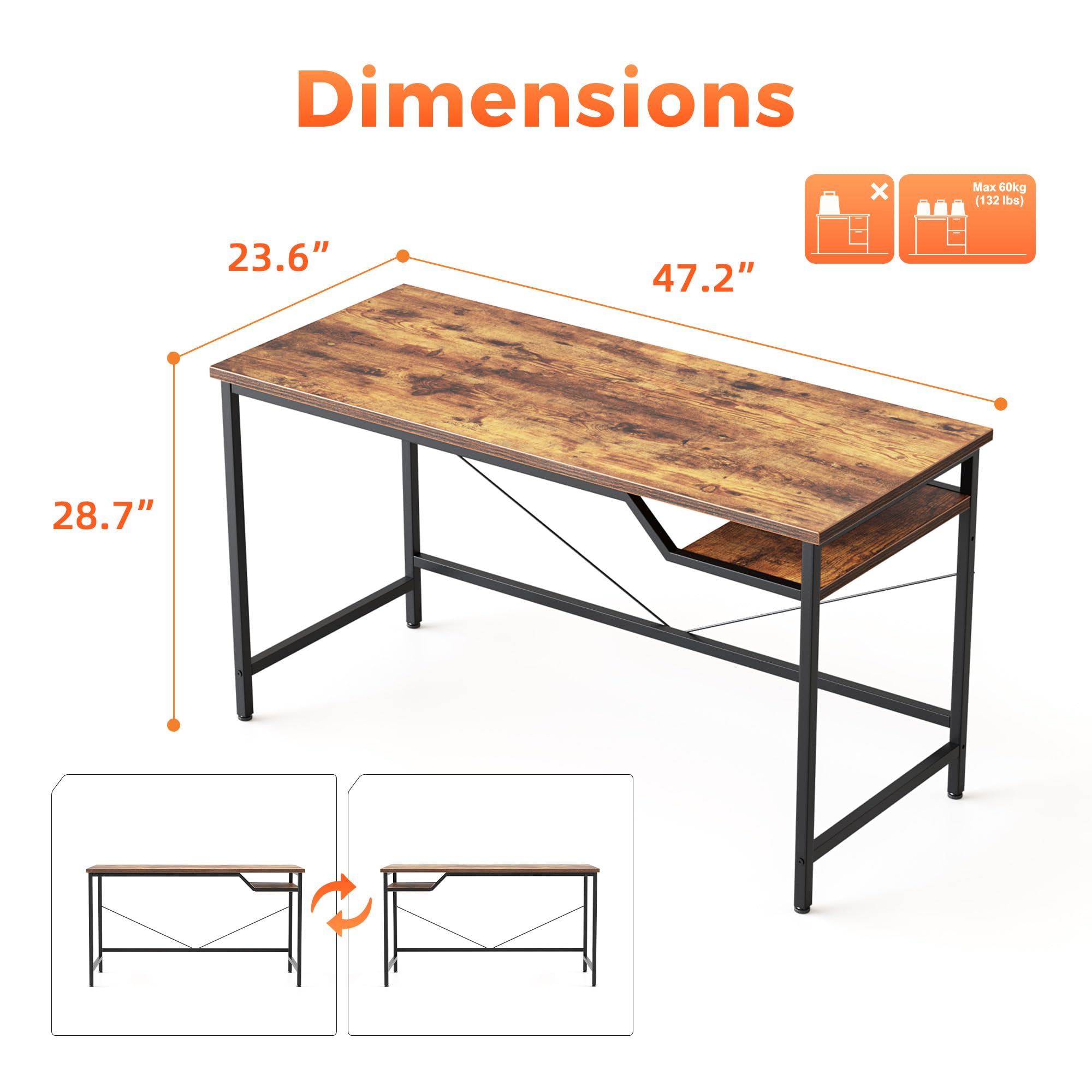Dimensions:  
- Width: 47.2"  
- Depth: 23.6"  
- Height: 28.7"  
- Max Load: 60kg (132 lbs)
