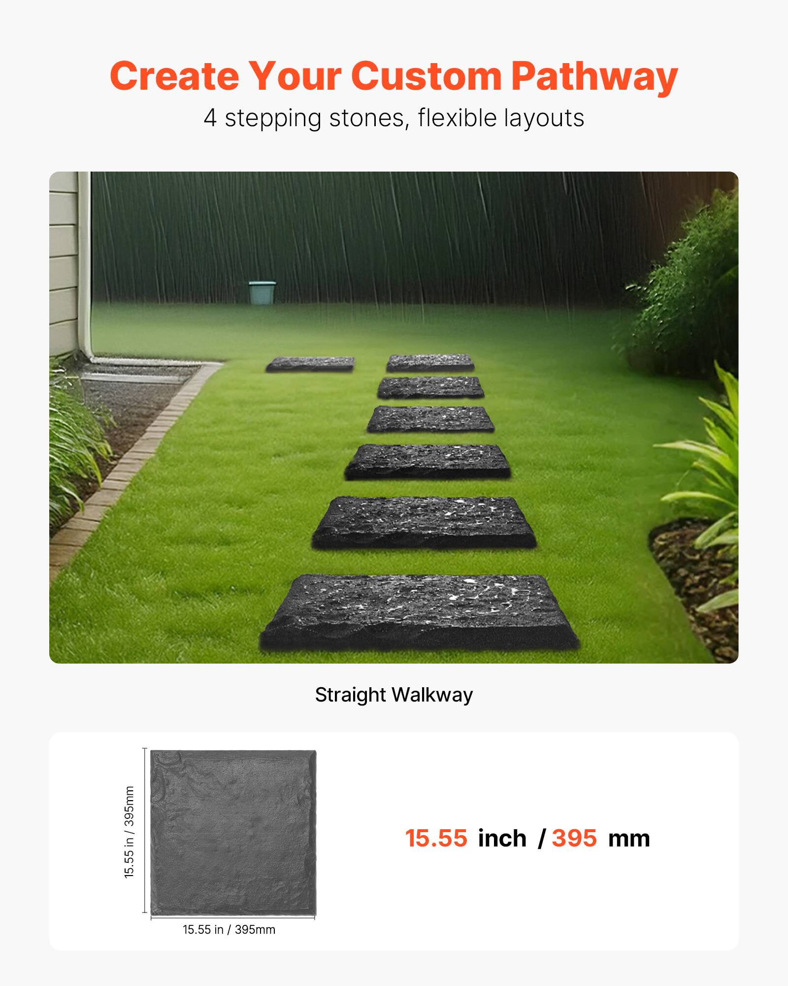 Create Your Custom Pathway, 4 stepping stones, flexible layouts, Straight Walkway, 15.55 inch / 395 mm, 15.55 in / 395mm