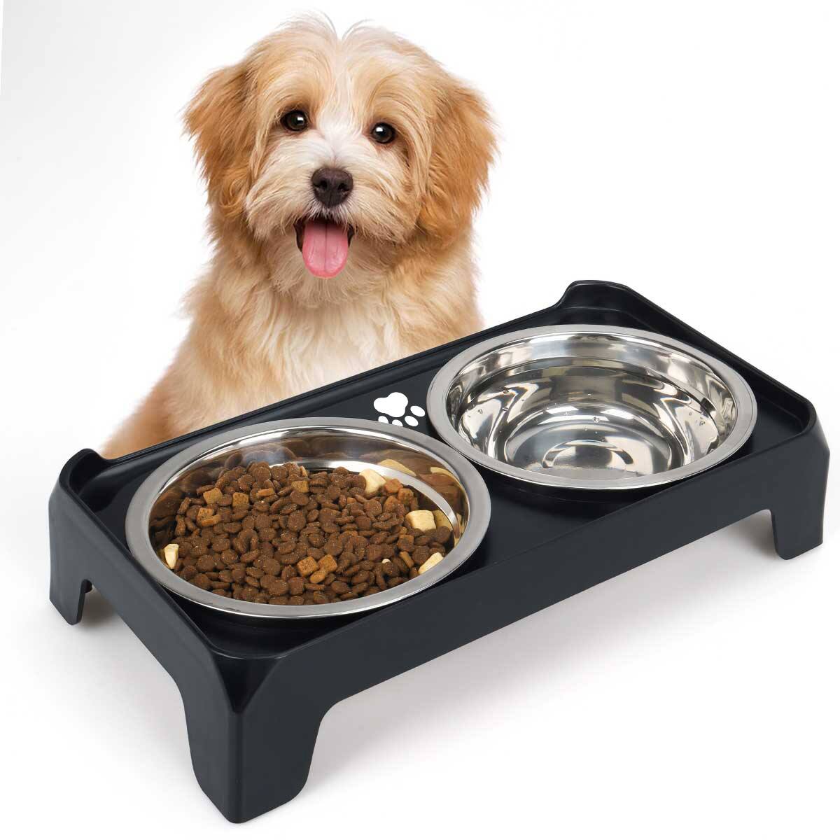 Angle. Supet - Stainless Steel Double Bowl with Square Stand for Puppies & Cats - Black.