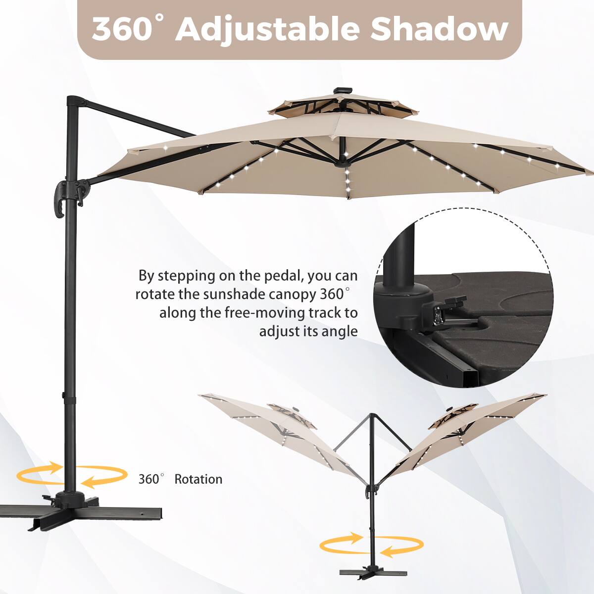 360° Adjustable Shadow

By stepping on the pedal, you can rotate the sunshade canopy 360° along the free-moving track to adjust its angle

360° Rotation