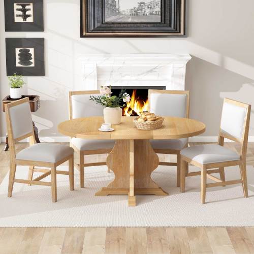 Back. LUCKY ONE - 5-Piece Farmhouse Dining Set with 58.2" Extendable Dining Table and 4 Upholstered Chairs - Wood.