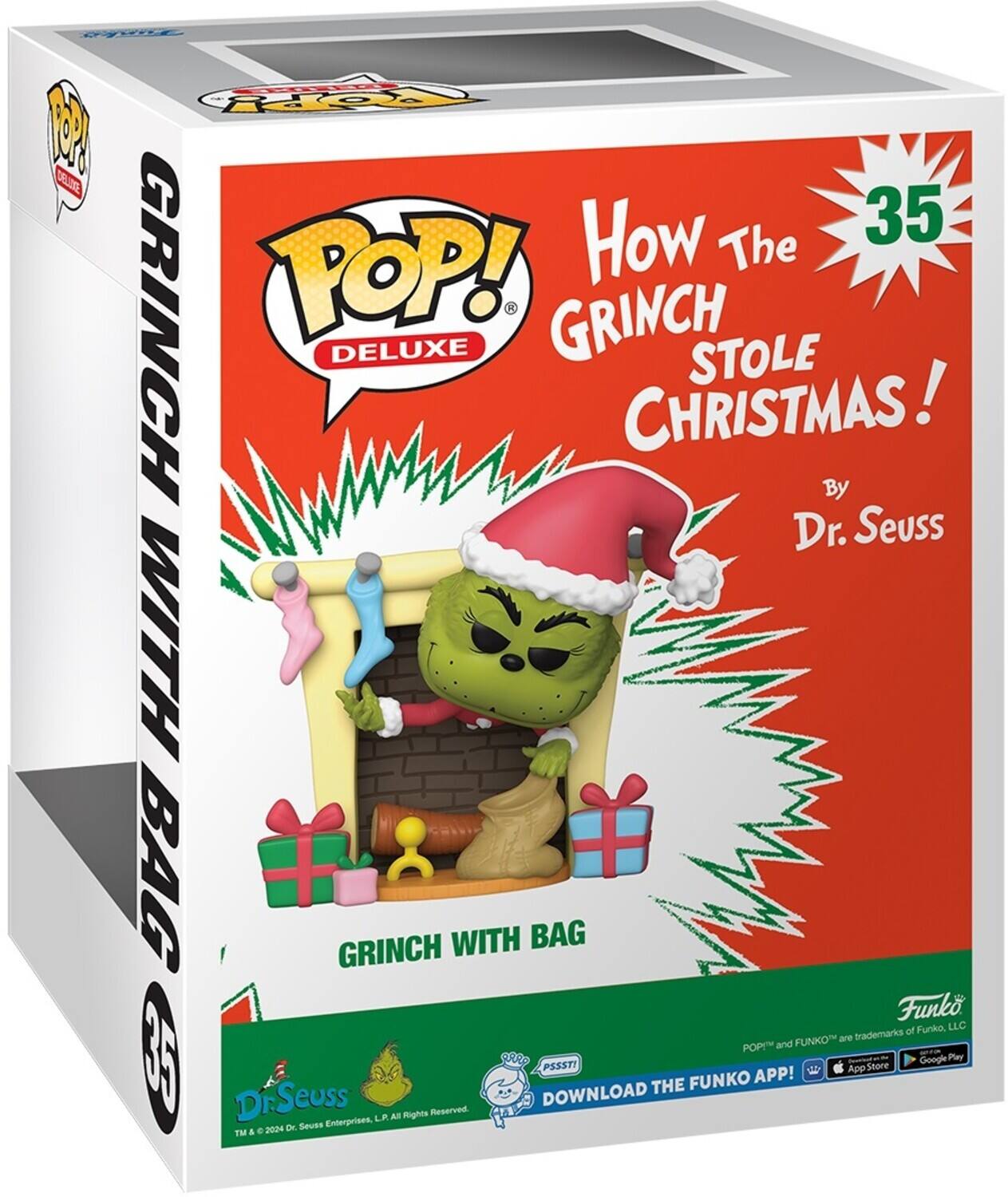 POP! DELUXE, GRINCH STOLE CHRISTMAS! By Dr. Seuss, GRINCH WITH BAG, FUNKO, FUNKO APP, DOWNLOAD THE FUNKO APP!, Dr. Seuss Enterprises, L.P. All Rights Reserved 2024, TM & © Dr. Seuss Enterprises, L.P. All Rights Reserved, POP! and FUNKO are trademarks of Funko, LLC, App Store, Google Play, PSSSTI
