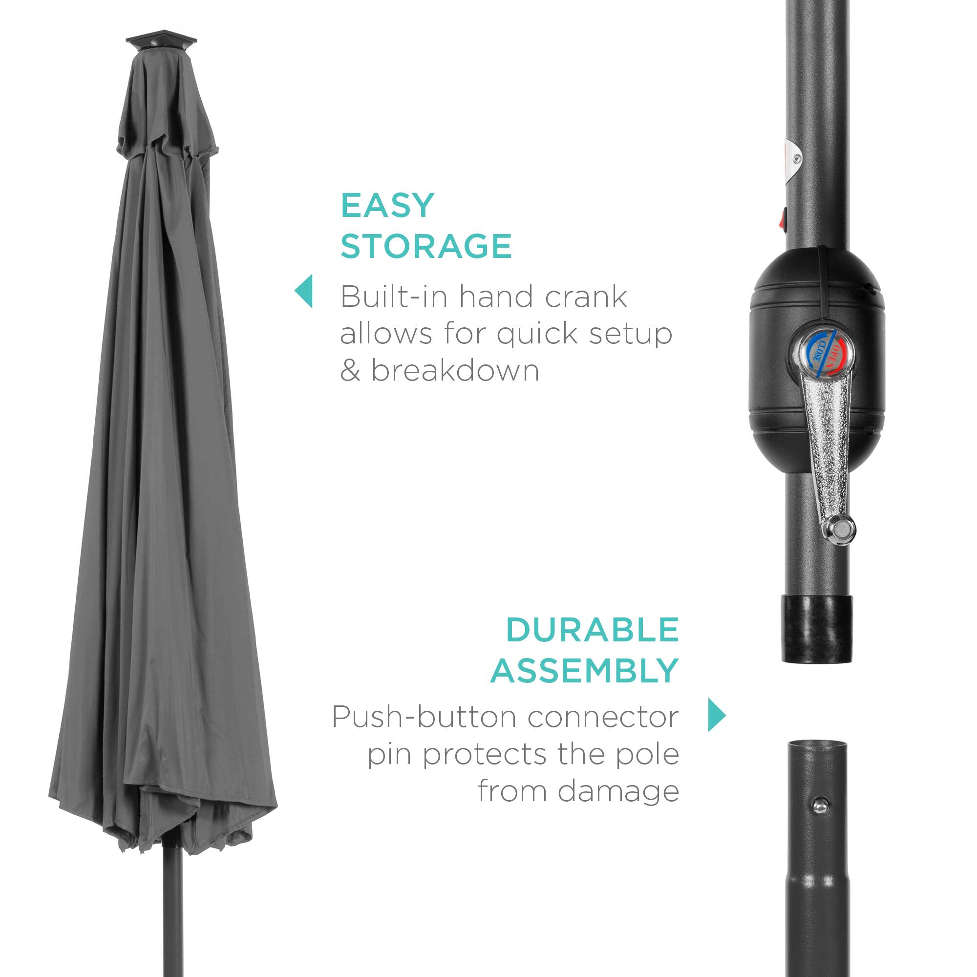EASY STORAGE: Built-in hand crank allows for quick setup & breakdown.

DURABLE ASSEMBLY: Push-button connector pin protects the pole from damage.