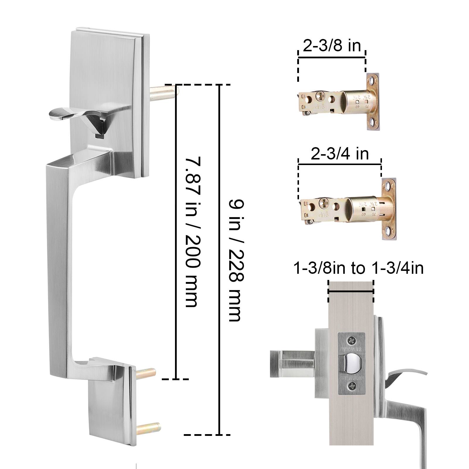 - 2-3/8 in
- 2-3/4 in
- 1-3/8 in to 1-3/4 in
- 7.87 in / 200 mm
- 9 in / 228 mm