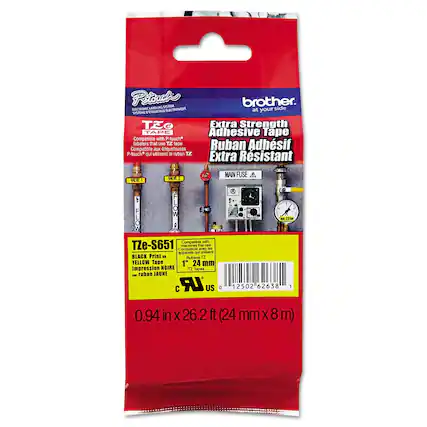 **Brother**
**Extra Strength Adhesive Tape**
**Ruban Adhésif Extra Résistant**
**Compatible with P-touch® labelers that use TZ tape**
**Compatible aux étiqueteuses P-touch® qui utilisent le ruban TZ**
**TZe-S651**
**BLACK Print on YELLOW Tape**
**Impression NOIRE sur Ruban JAUNE**
**0.94 in x 26.2 ft (24 mm x 8 m)**
**Compatible with TZe-S651**
**Compatible avec les TZe-S651**
**1" 24 mm**
**1 ruban JAUNE**
**US 0 12502 62638 1**