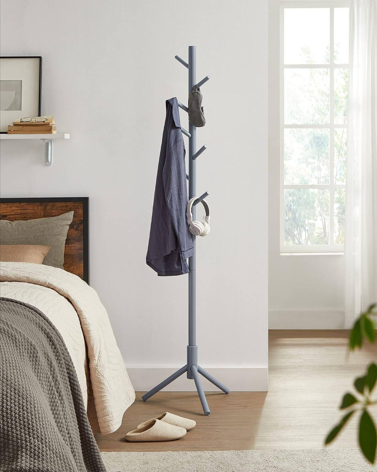 Alt View 5. Songmics Home - Solid Wood Free-Standing Tree-Shaped Coat Rack – 8 Hooks 3 Height Options in Gray - Gray.
